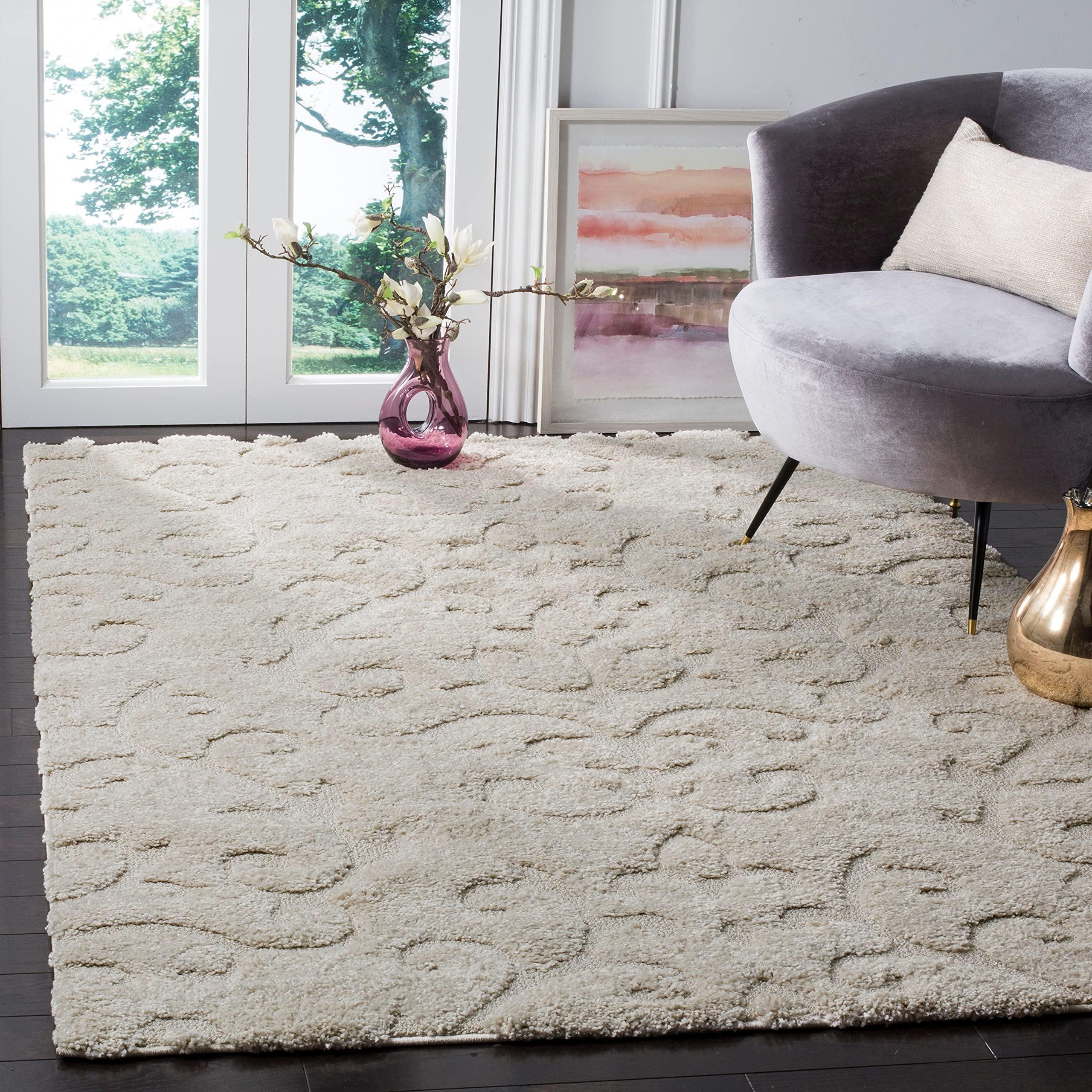 Safavieh SAFAVIEH Florida Shag Collection 5' Round Cream/Beige SG470 Scroll Non-Shedding Living Room Bedroom Dining Room Entryway Plush 1.2-inch Thick Area Rug