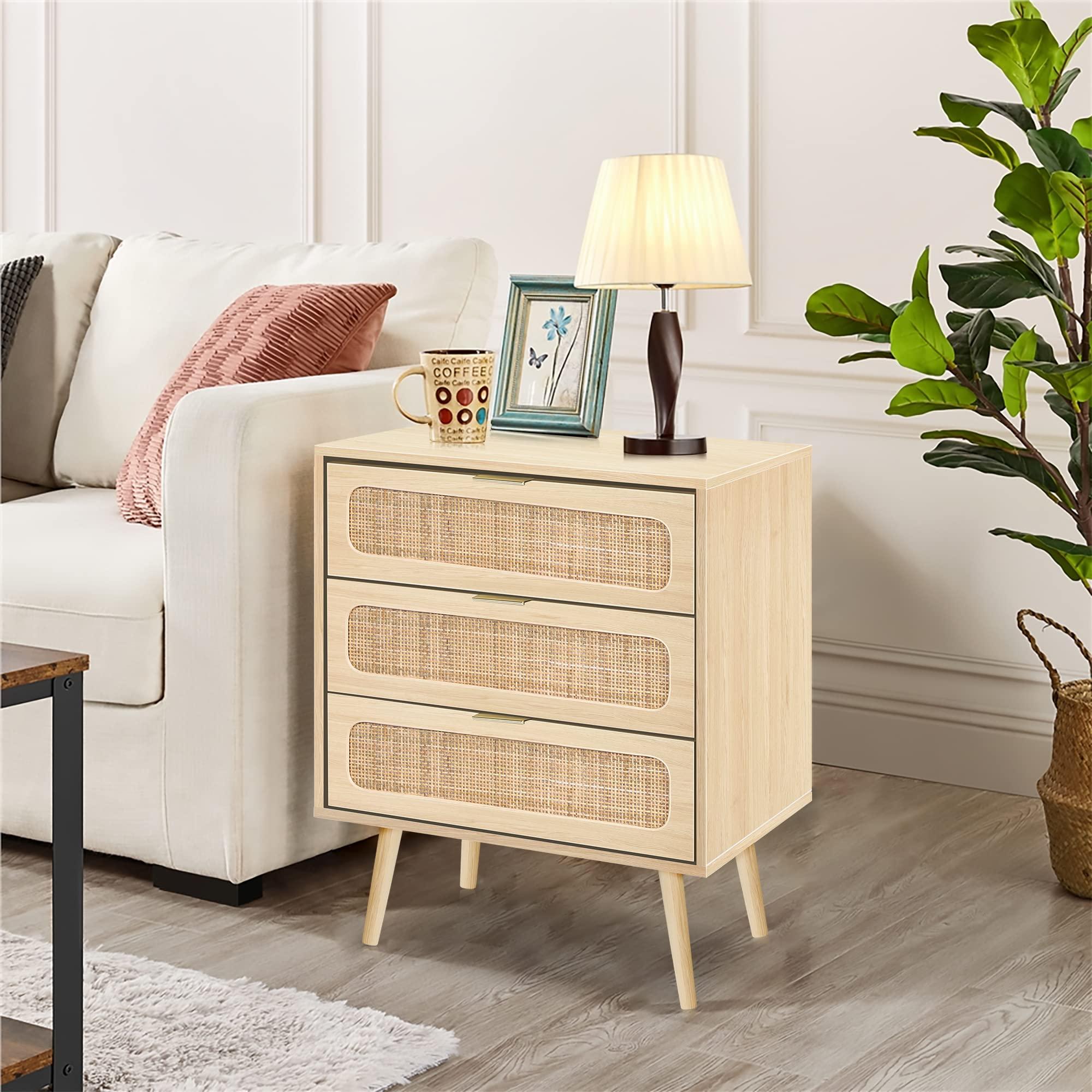 QHITTY QHITTY Drawer Dresser, Rattan Chest of Drawers with 3 Drawers Dresser, Accent Storage Cabinet Modern Bedside Table for Living Room, Bedroom, Entryway (Natural)
