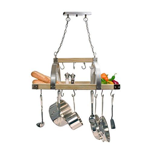 Elegant Designs Elegant Designs PR1001-WOD 2 Light Kitchen Wood Pot Rack with Downlights, Wood with Brushed Nickel Accents