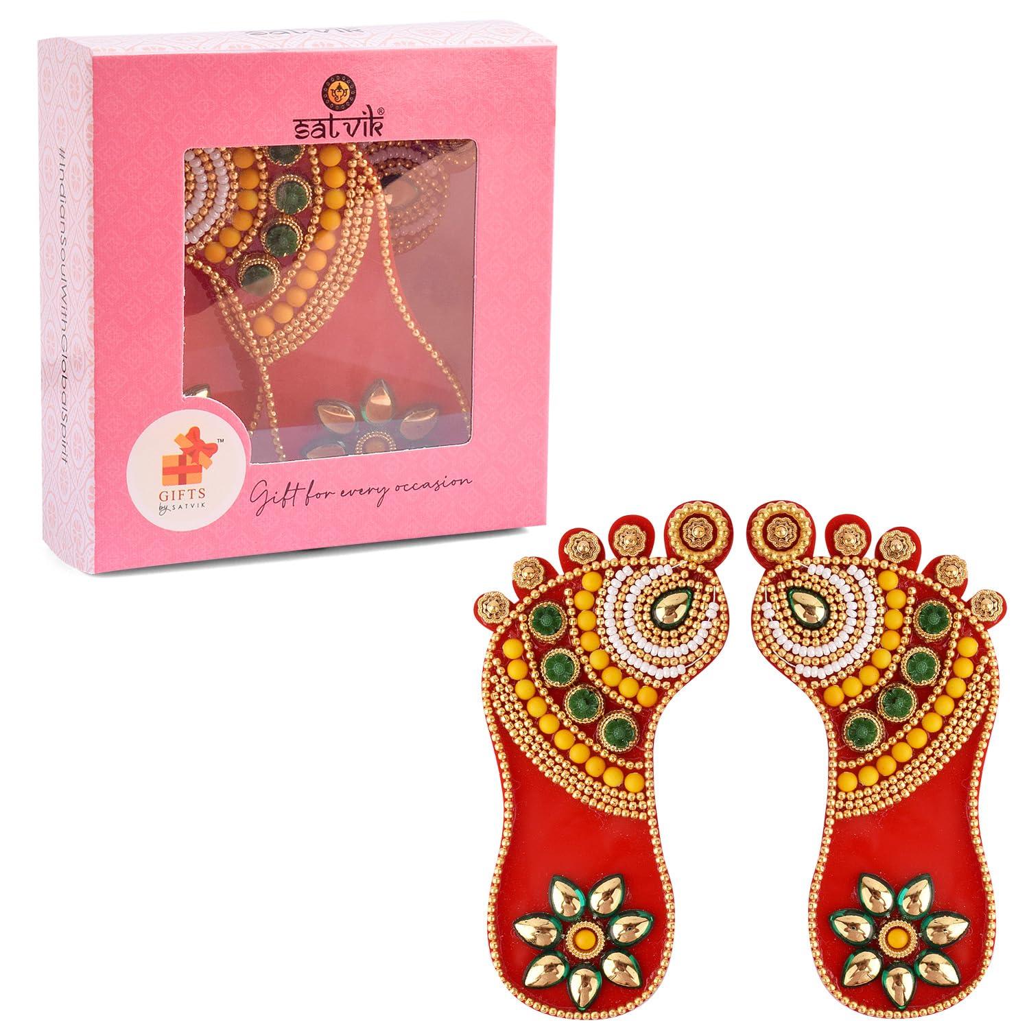 SATVIK STORE SATVIK 1 Pc Set of Acrylic Lakshmi Mata Charan Paduka Sticker Diwali Festival Decoration with Stone Moti Mandir Home Office Floor Festival Pujan Home Floor Kolam Shubh Labh Rangoli Stickers (DESIGN 1)