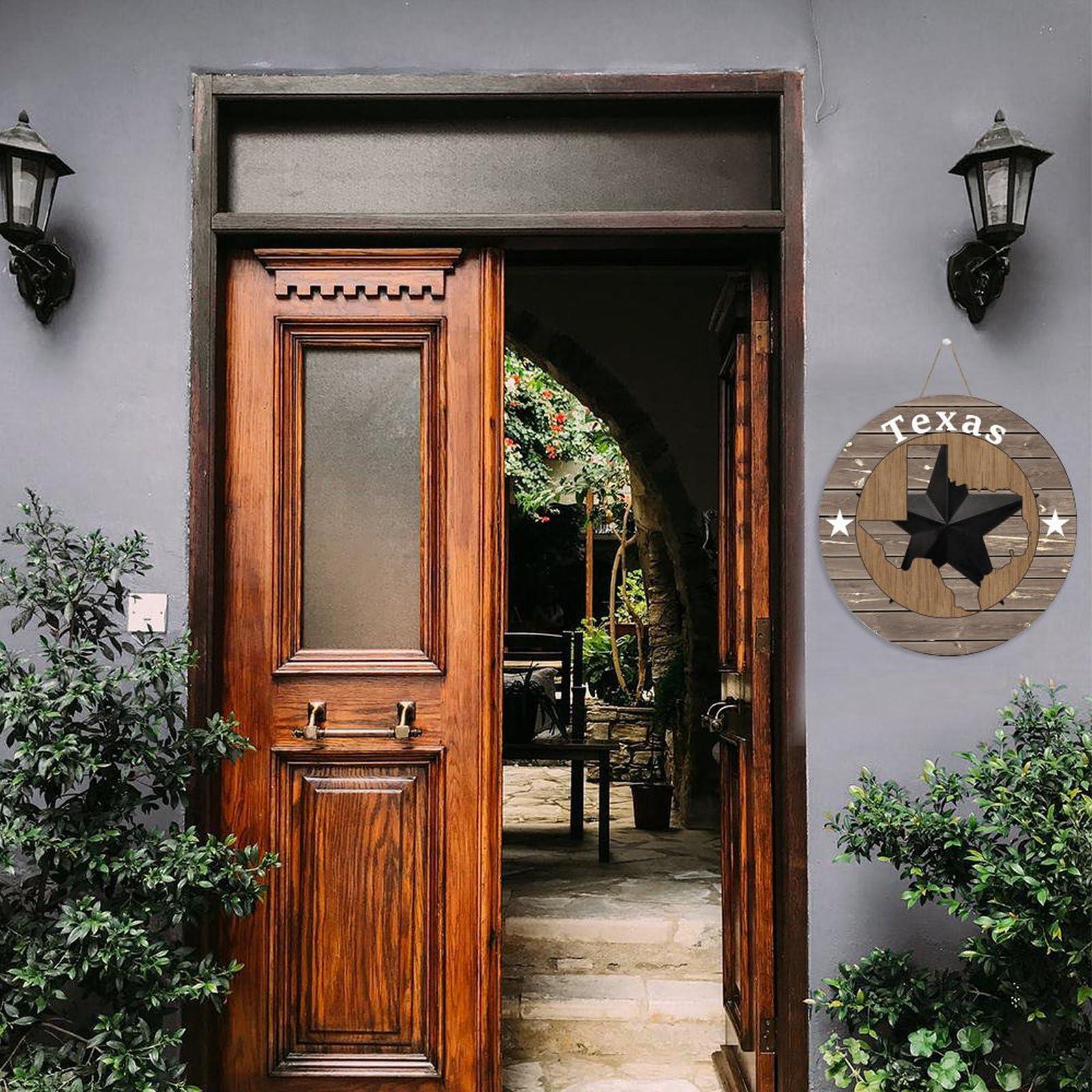 Autravelco Farmhouse Round Wood Plank Hanging Sign Texas Lone Star Home Map Custom Wood Plaque Sign Quote Rustic Boho Geometric Wood Panel Wall Decorative Signs for Indoor Cabin 12x12 Inch