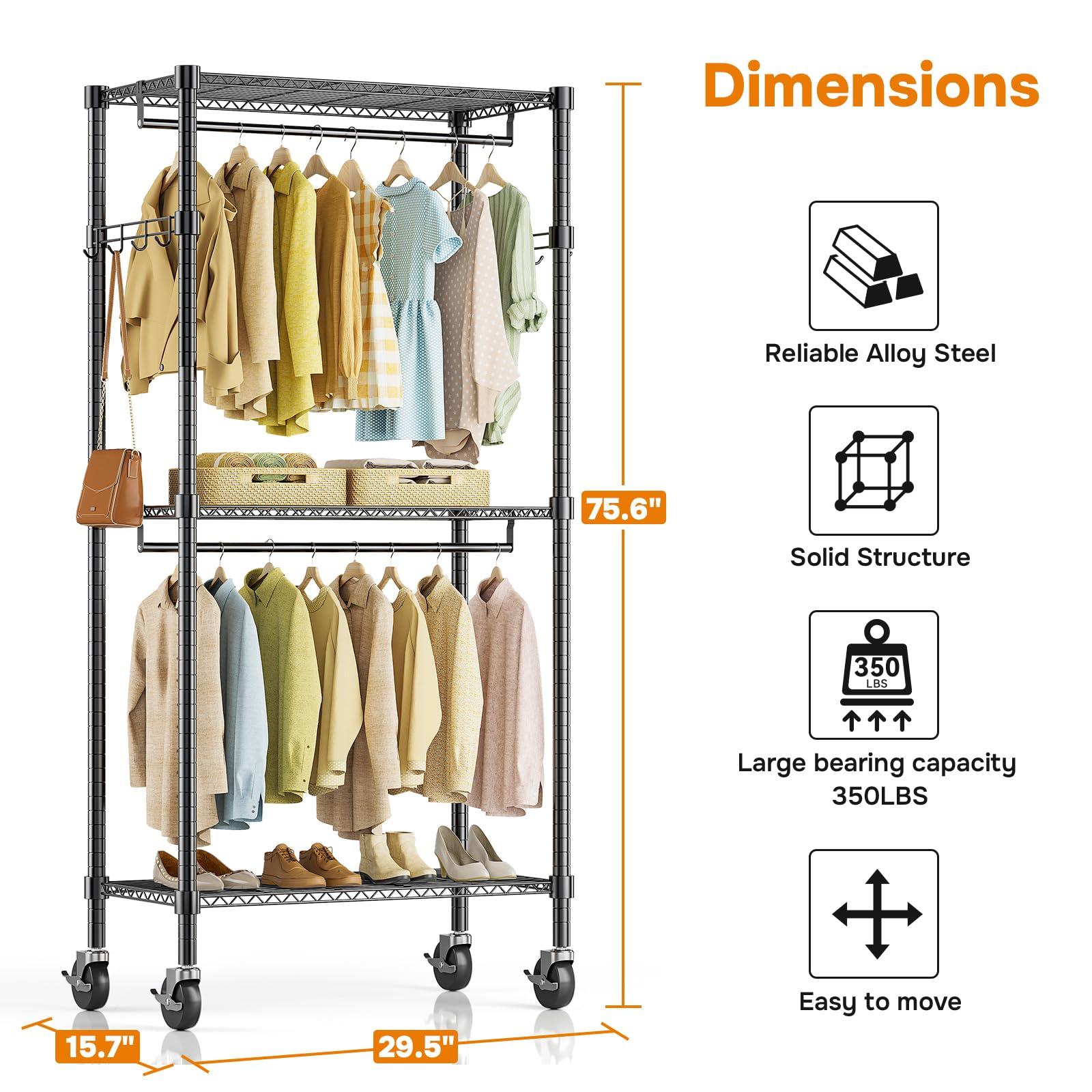 Simple Deluxe Simple Deluxe Rolling Clothes Rack, Heavy Duty Clothing Rack, 3-Shelf Portable Adjustable Wardrobe Closet with Wheels, Hanging Rods & Side Hooks, 29.5" W x 15.7" D x 75.6" H, Black