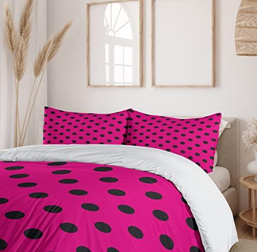 Ambesonne Ambesonne Hot Pink Duvet Cover Set, Pop Art Inspired Design Retro Pattern of Black Polka Dots Classical Spotted, Decorative 3 Piece Bedding Set with 2 Pillow Shams, King Size, Hot Pink Black
