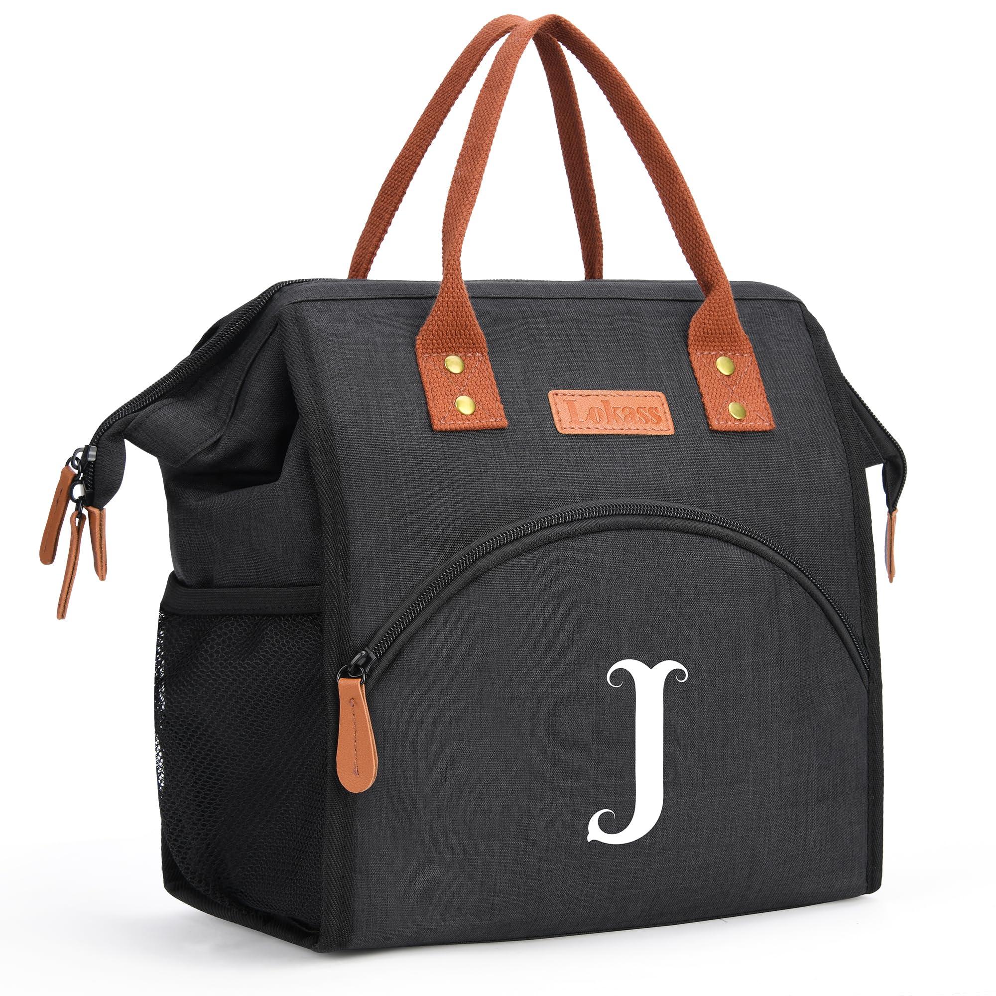 RIFESI Personalized Lunch Box for Women, Initial Reusable Insulated Lunch Bag, Wide-Open Adult Lunchbox Cooler Lunchbag Snack Organizer, Initial Leakproof Lunch Tote Bag for Picnic Work Outdoors Black - J