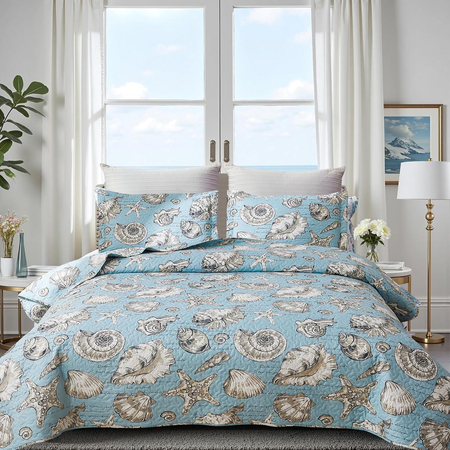 Ycosy Coastal Quilt Set Full/Queen Size Ocean Themed Bedding Summer Beach Quilts Set Lightweight Reversible Bedspread Coverlets Seashell Starfish Seaweed Bed Spread Soft Home Bed Cover with 2 Pillow Shams