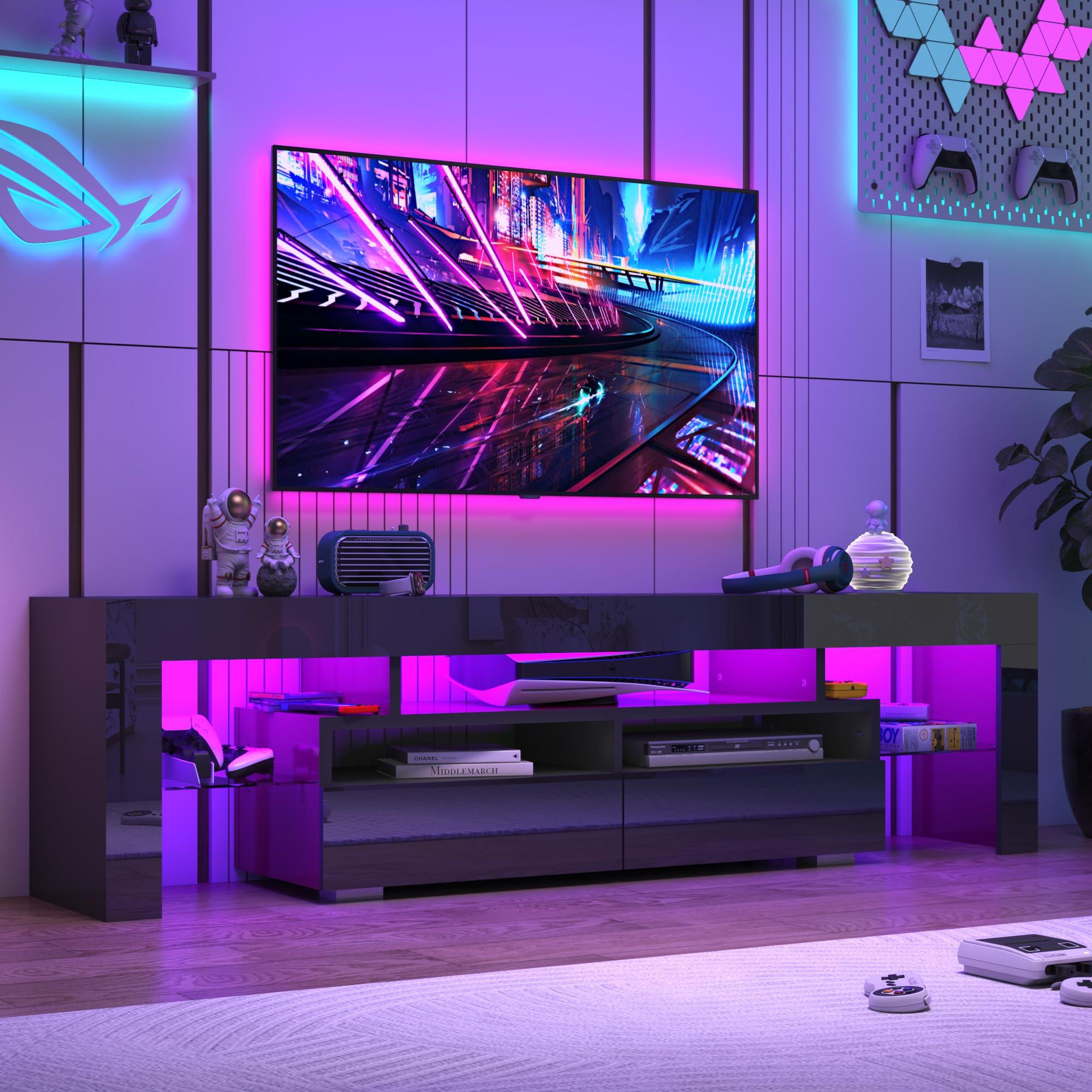 Vinctik 6&Fox Vinctik 6&Fox 70in LED TV Stand for 75/80/85 inch TV,Modern Black TV Stands for Living Room,High Gloss TV Entertainment Center with 2 Large Storage Drawer,APP RGB Light,TV Console(71in Black)