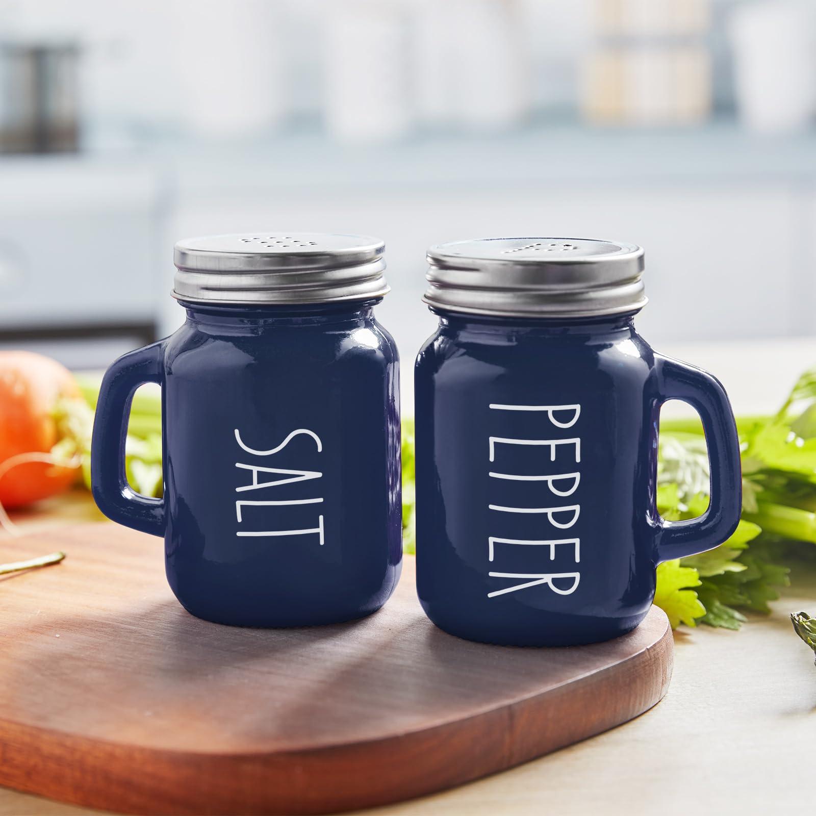 ZOSUJO Navy Blue Salt and Pepper Shakers Set, 4 oz Cute Modern Glass Shaker Sets with Stainless Steel Lids, Blue Kitchen Decor and Accessories for Home Restaurants Weddings