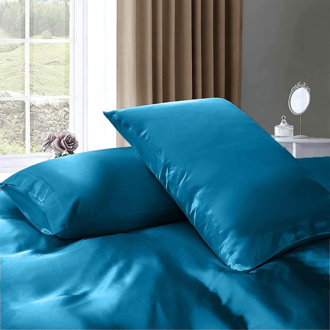 Rico Bedding Full XL Silk Sheet Set 7 Piece Silk Satin Sheets Set- Silk Satin Duvet Set - Hotel Luxury Bed Sheets - Deep Pockets - Breathable Cooling - Wrinkle Free - Comfy-Turquoise Blue Bed Sheets