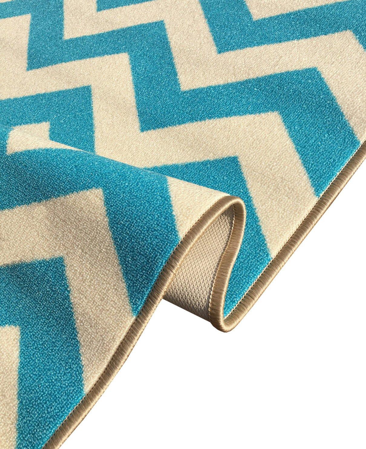 Kapaqua Custom Size Blue Chevron Zig Zag Rubber Backed Non-Slip Hallway Stair Runner Rug Carpet 31 inch Wide Choose Your Length 31in X 26ft