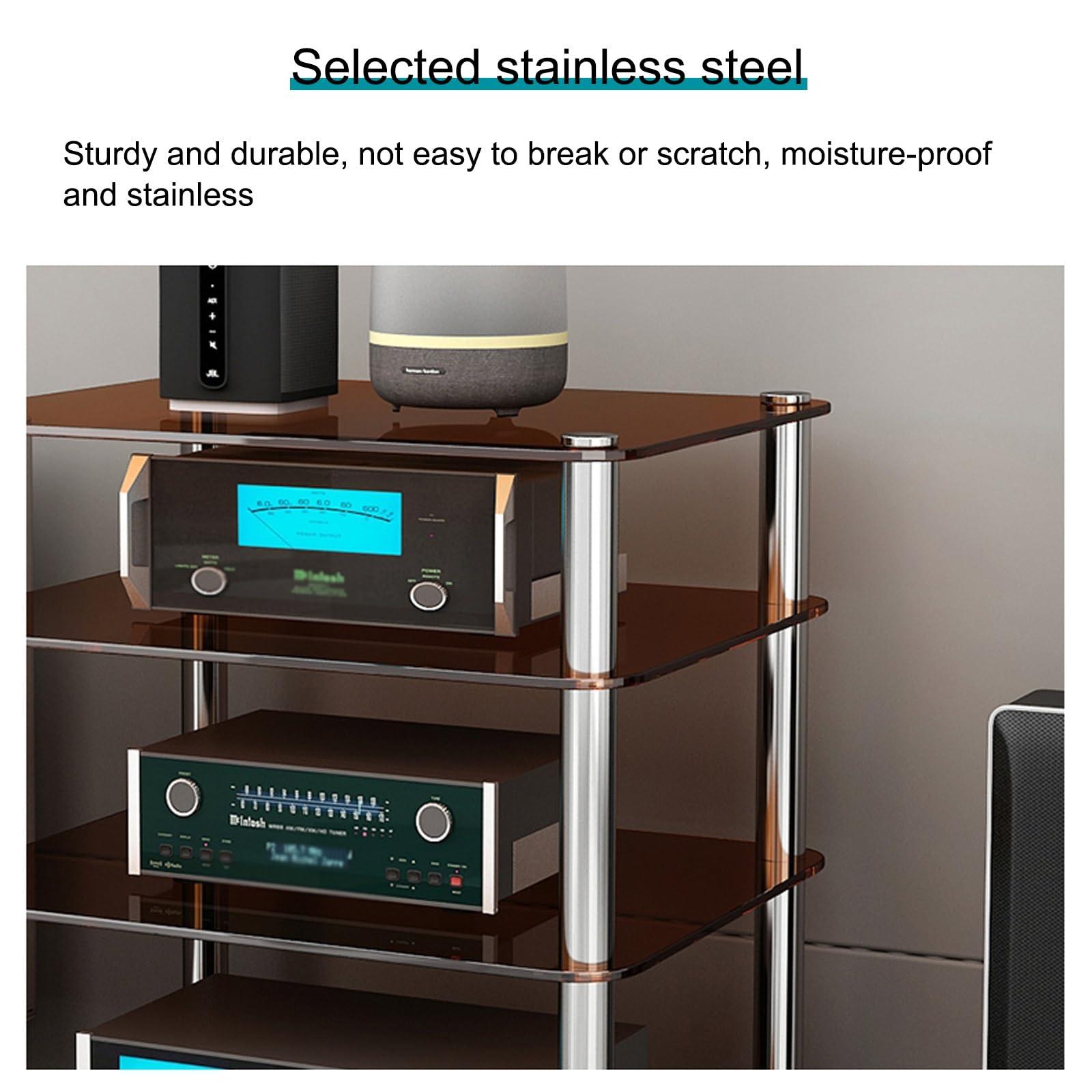STCERY Stereo Cabinet, AV Cabinet Audio Rack, Tempered Glass Shevles, Modern Audio-Video Media Stand, for TV, Xbox, Gaming Consoles, Media Component, Streaming Device(Brown)