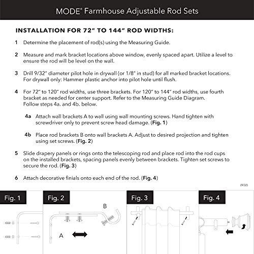 MODE MODE Farmhouse Collection 1 1/8" Diameter Curtain Rod Set with Cottage Square Curtain Rod Finials and Steel Wall Mounted Adjustable Curtain Rod, Fits 72 to 144 Windows, Weathered Black