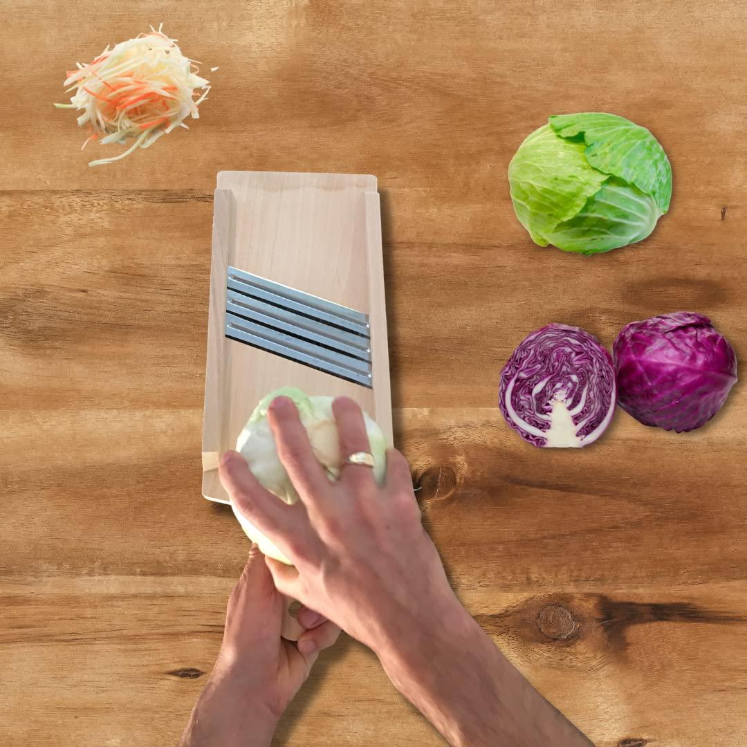CabbageShredder.com Cabbage Shredder & Vegetable Slicer for Food Preparation, Sauerkraut, Coleslaw, Salads. Compact Size. Solid Wood. Thin Slices. Three Blades!