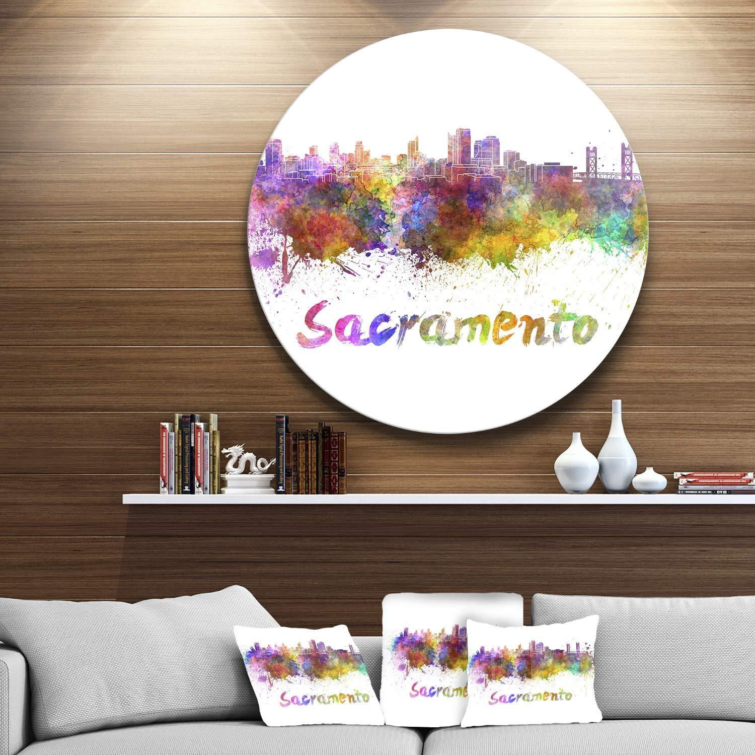 Design Art Designart Sacramento Skyline Cityscape Metal Artwork-Disc of 38 inch, 38x38-Disc, Purple/Yellow/Red/Pink