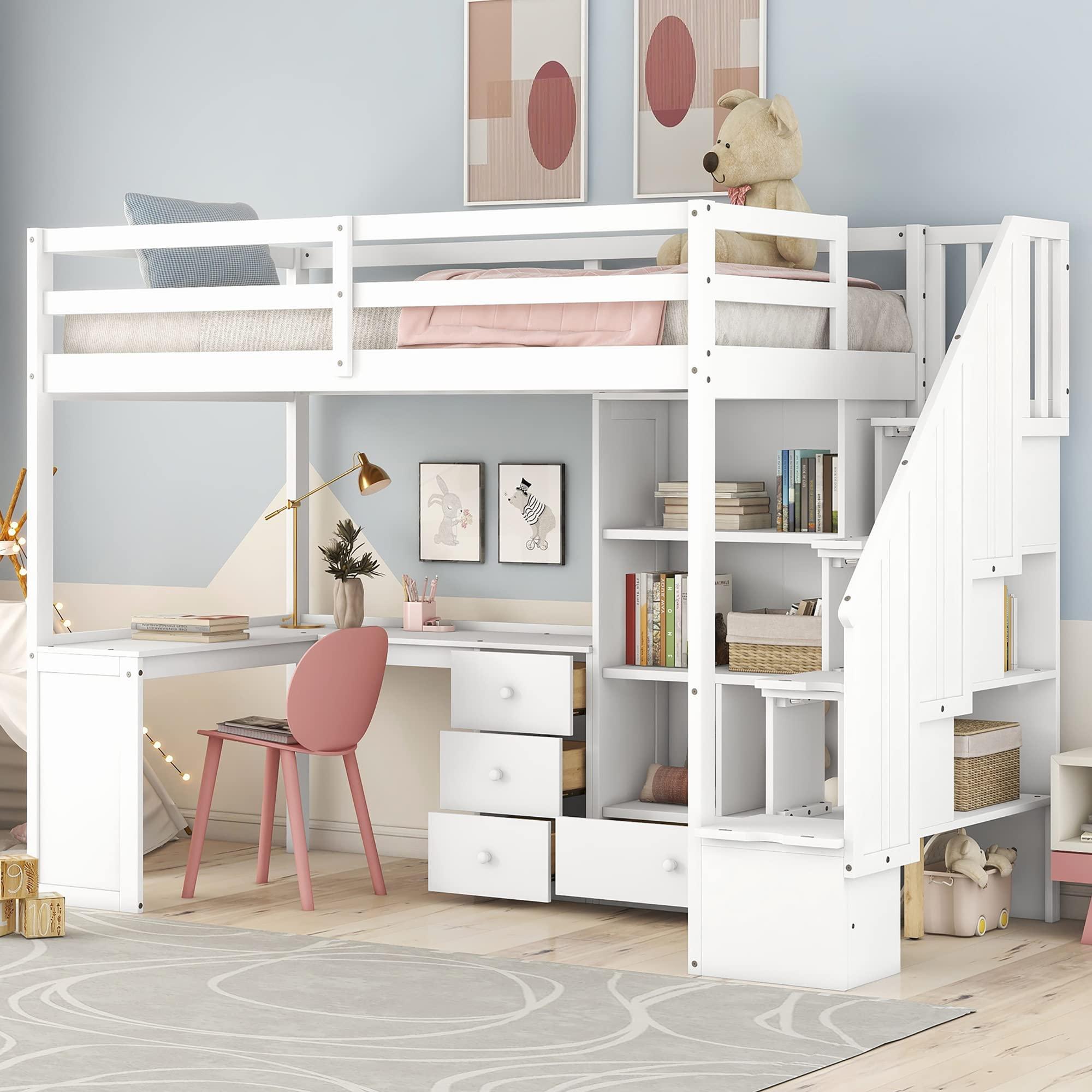 NicBex NicBex Twin Size Loft Bed with Drawers and L-Shaped Desk,Bunk Bed with Cabinet and Storage Staircase,Solid Wood and MDF,Space-Saving,No Box Spring Needed,Loft Bed Frame for Bedroom,Dorm,White