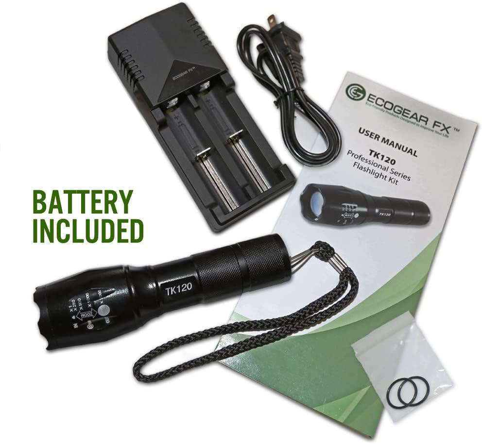 EcoGear FX EcoGear FX Complete LED Tactical Flashlight Kit TK120 Flashlight with Rechargeable Battery: High Lumens with 5 Light Modes, Water Resistant, Adjustable Focus Zoom