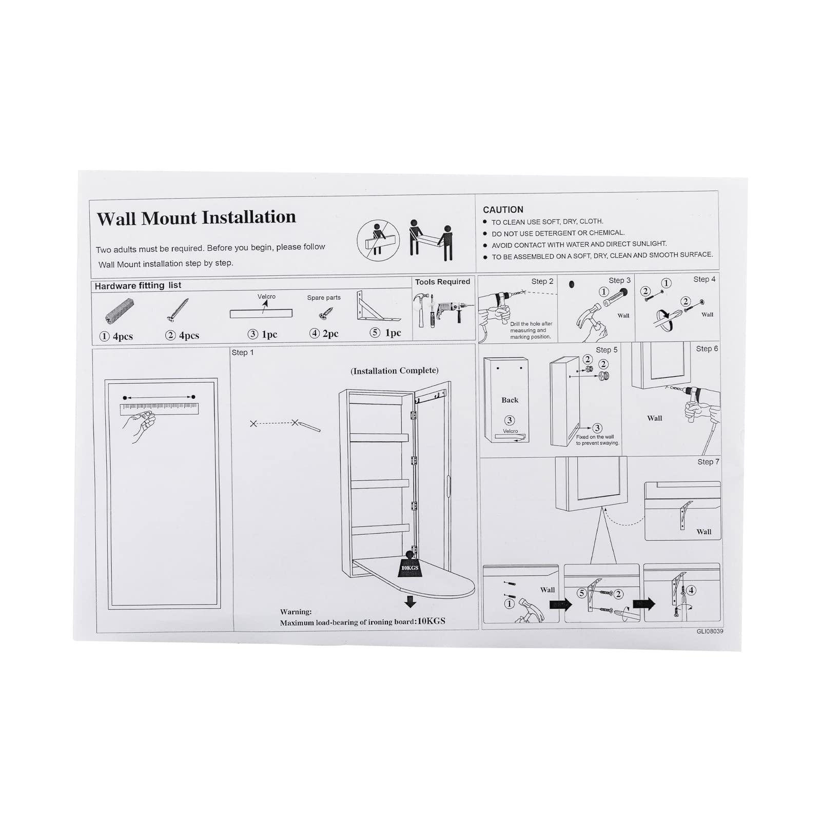 Gdrasuya10 Ironing Board Cabinet for Wall Wall Mounted Ironing Storage Cabinet Foldable Hanging Ironing Board Large Hide Ironing Board Cabinet with Mirror Cloth Hook for Home, White