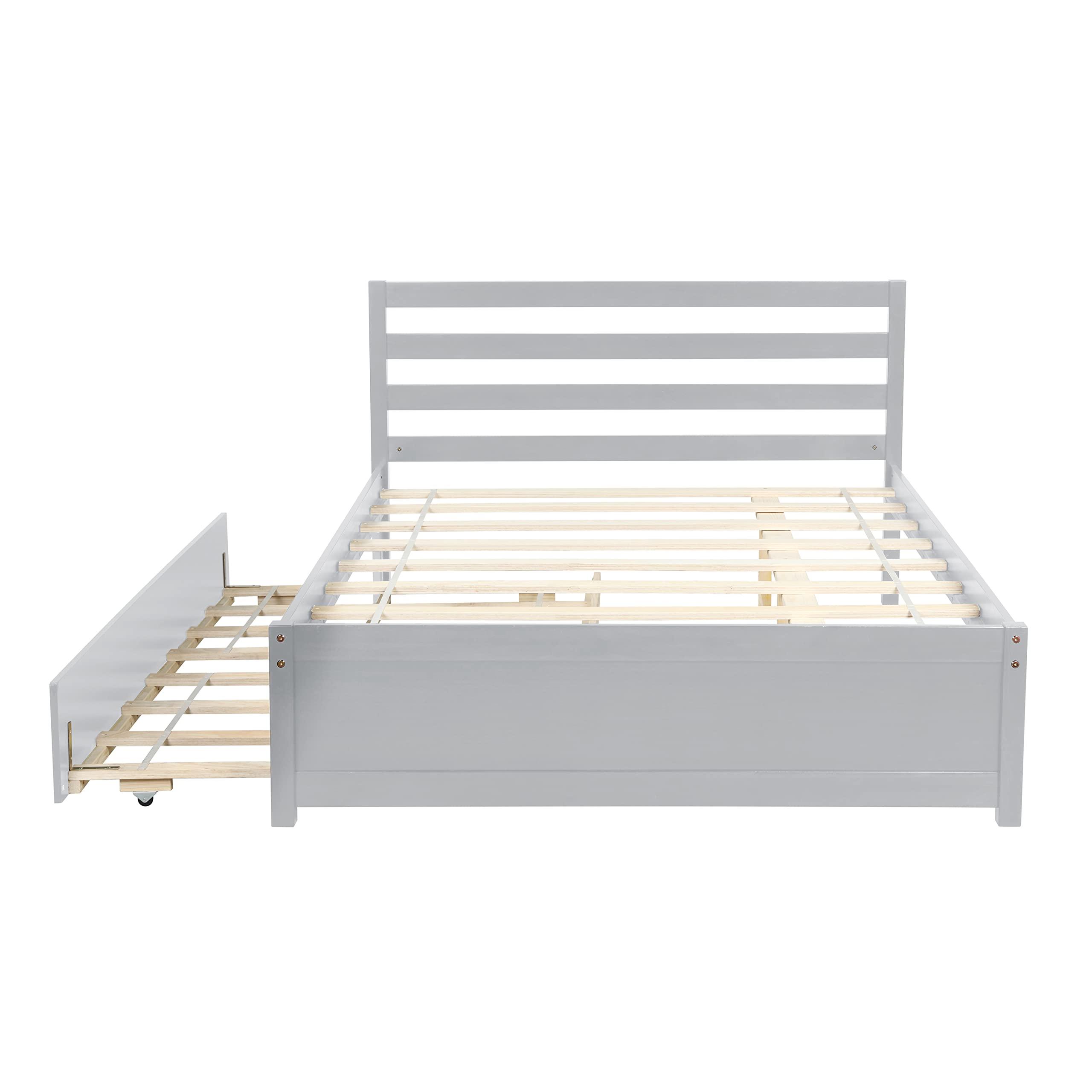 HomSof HomSof Full Size Wood Platform Bed Frame with Headboard and Twin Trundle,Grey