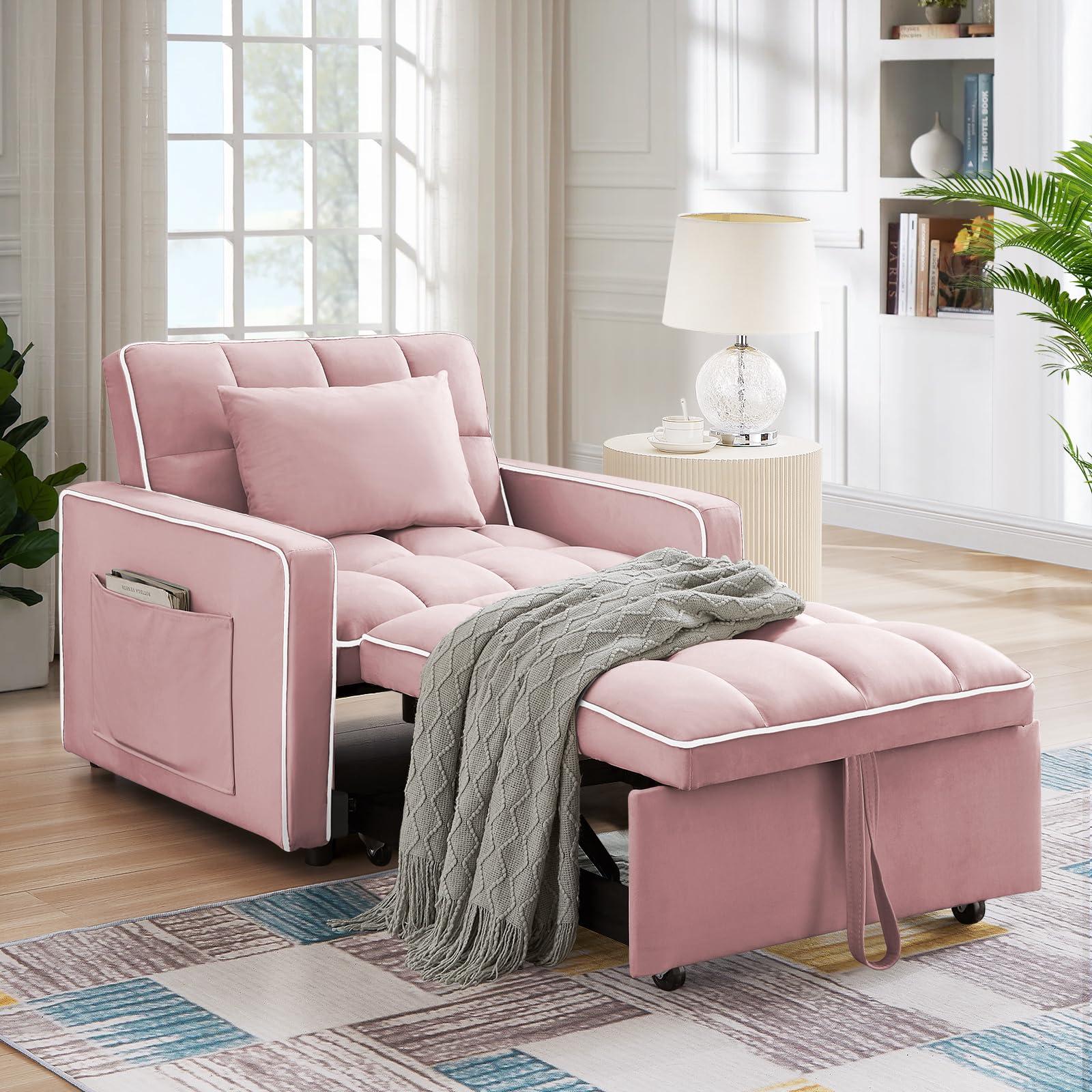 Antetek Convertible Sleeper Chair Bed, 3 in 1 Modern Velvet Pull Out Sofa Bed, Small Tufted Single Sleeper Chair with Adjustable Backrest/Pillow for Living Room, Small Spaces, Apartment, Office, Pink