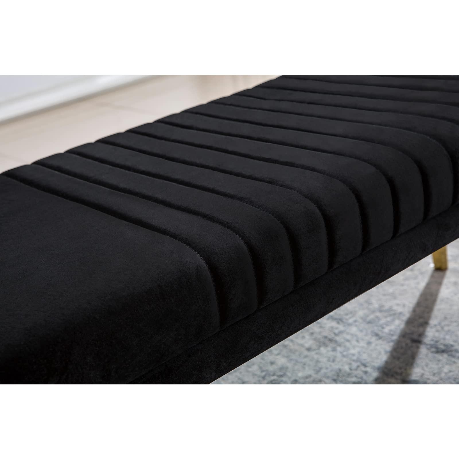 AUZ AUZ 44\" Bench, Black Velvet Upholstered Dining Room Bench, Vertical Channel Ottoman with Gold Stainless Steel Legs