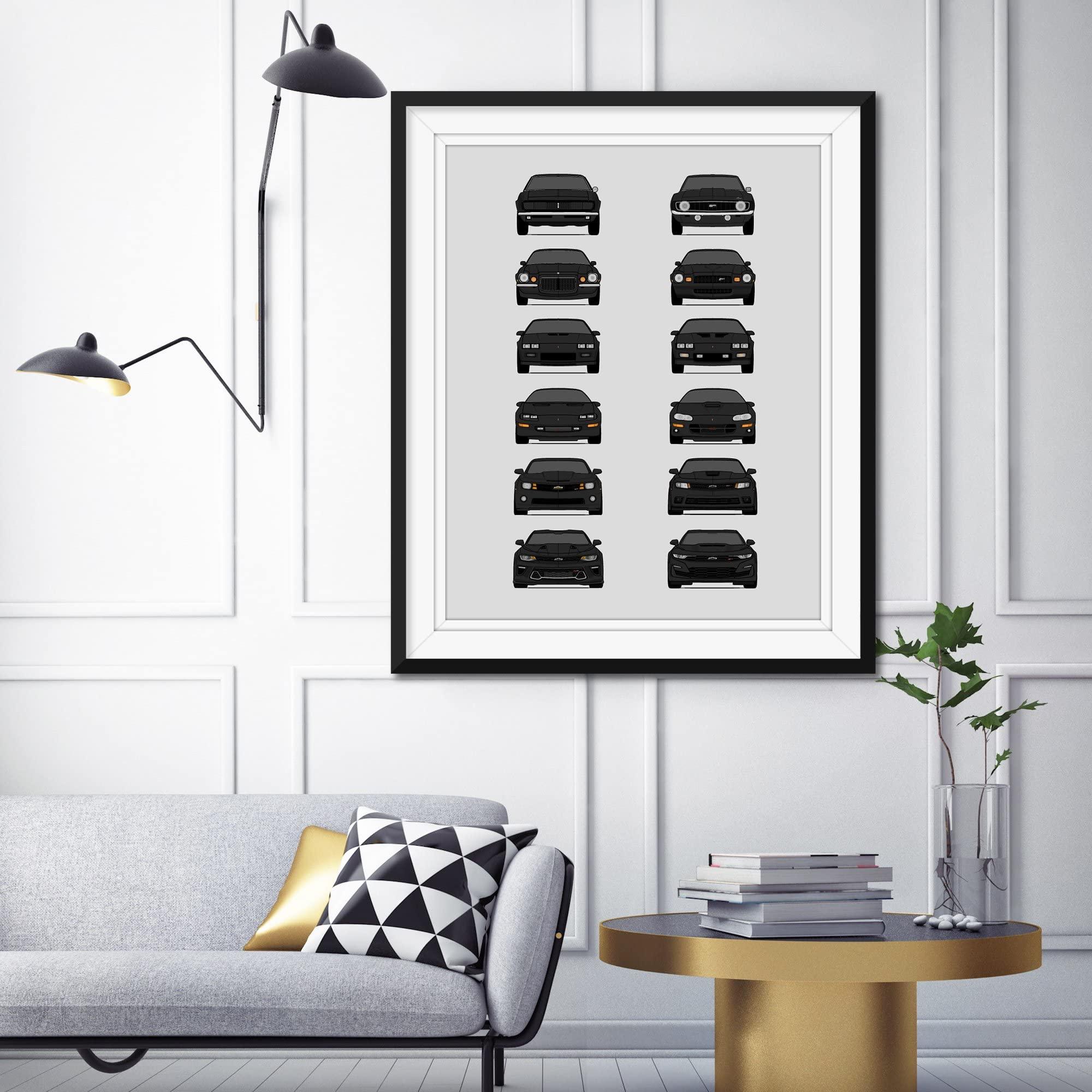 Custom Car Posters Custom Car Posters History of Chevy Camaro Generations and Handmade Print of Camaro from 1967 to Present - Black, 11x14\" Satin Print (Unframed) - Gift for Car Enthusiast