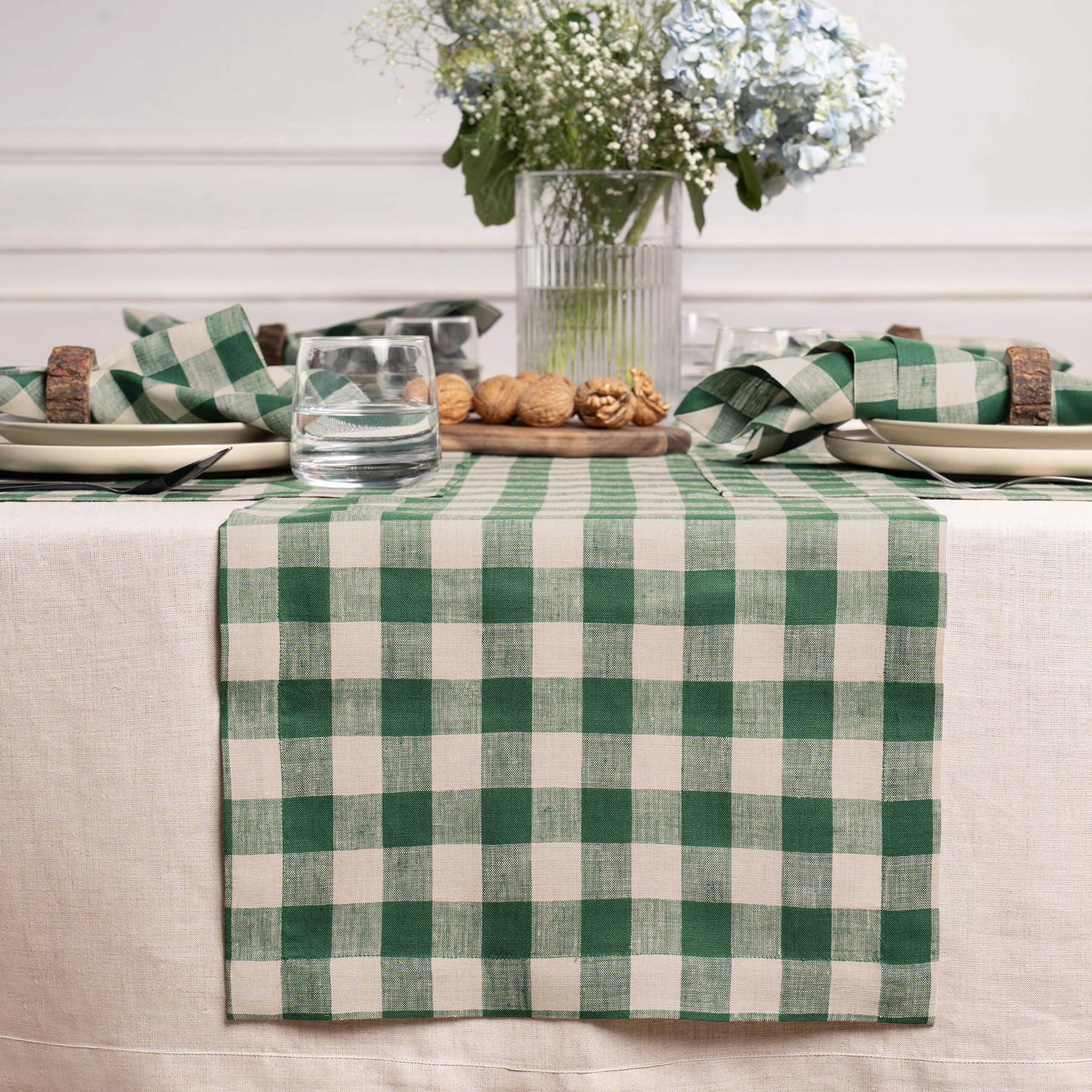 Solino Home Solino Home Linen Buffalo Check Table Runner 72 inches Long 100% Pure Linen Green and Natural Plaid Table Runner 14 x 72 Inch Farmhouse Table Runner, Morgan Check