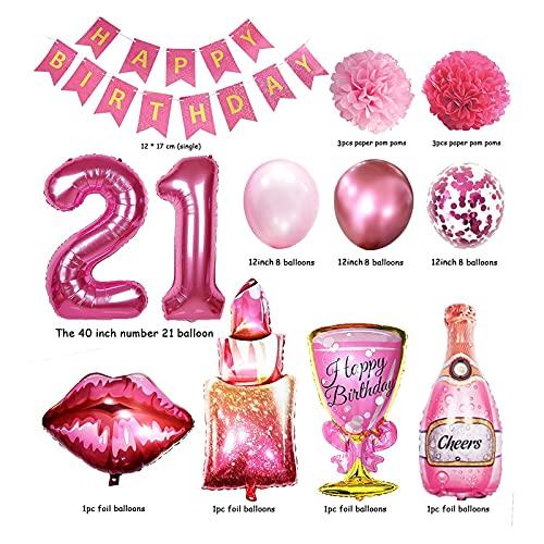 Crenics Crenics 21st Birthday Decorations for Her - Rose Pink Happy Birthday Banner, Pom Poms, 21 Number Balloon, Lipstick Champagne Balloons and 24 Latex Balloons for 21st Girls Women Birthday Party Supplies