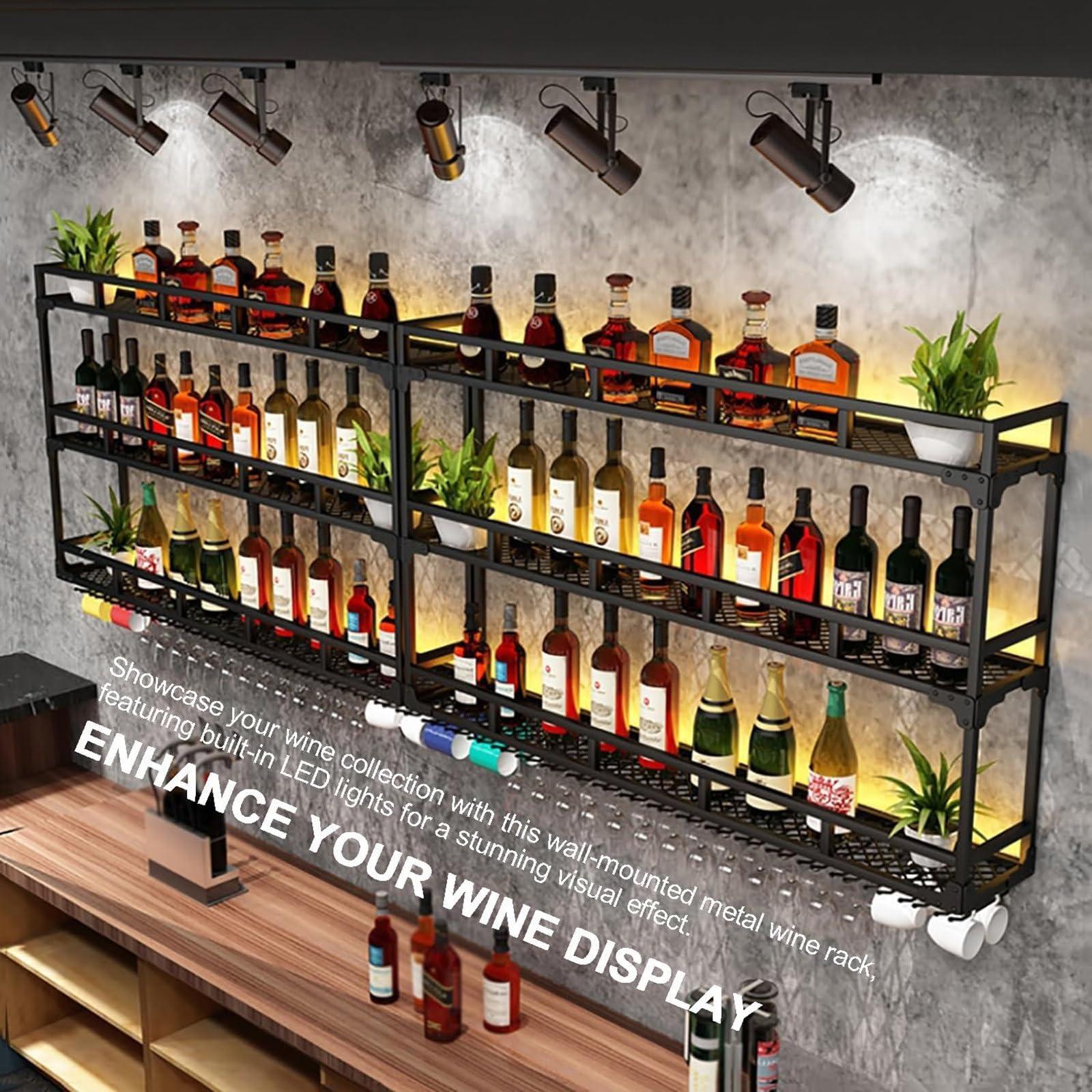 JOSKAA Wall Mounted Wine Rack with LED Light, Metal Floating Shelves for Liquor Bottles & Wine Glasses, Multi Functional Storage Shelf Wine Storage Display Rack for Home, Restaurant, Bars,Gold-150x25x55CM