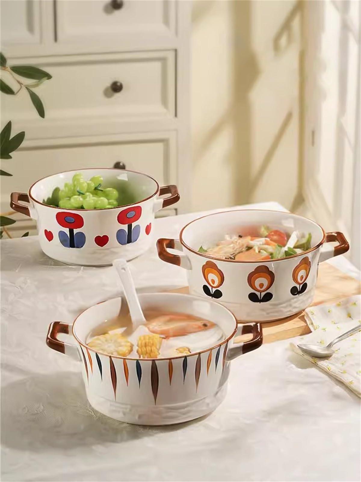 Fodalob Large Soup Bowls with Handles Microwave Safe, Ceramic Soup Bowls, 60.8 Ounce for Soup, Cereal, Stew, French Onion Soup Bowls (Color : B)