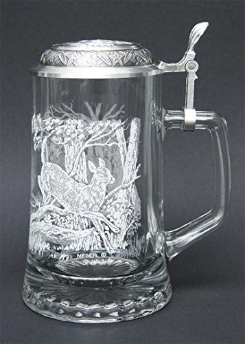 Cornell JAMES MEGER GLASS WHITE TAIL DEER STEIN, Etched German Glass Beer Stein w/ Pewter Lid, Made in Germany