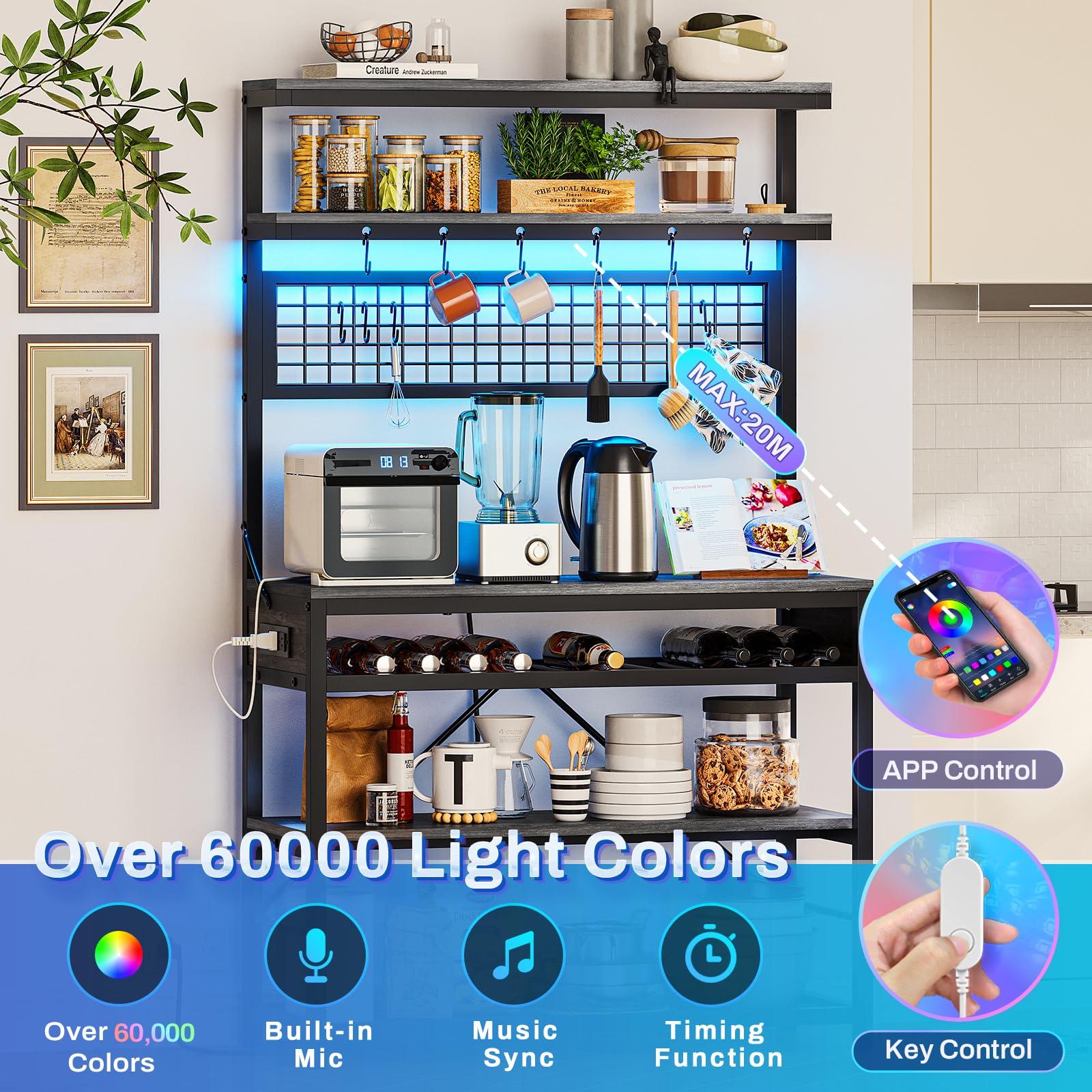 Itaar Itaar Bakers Rack with Power Outlet, 6-Tier Coffee Bar, Microwave Stand with Wine Rack, LED Lights and 10 Hooks, Bakers Racks for Kitchens with Storage, Grey