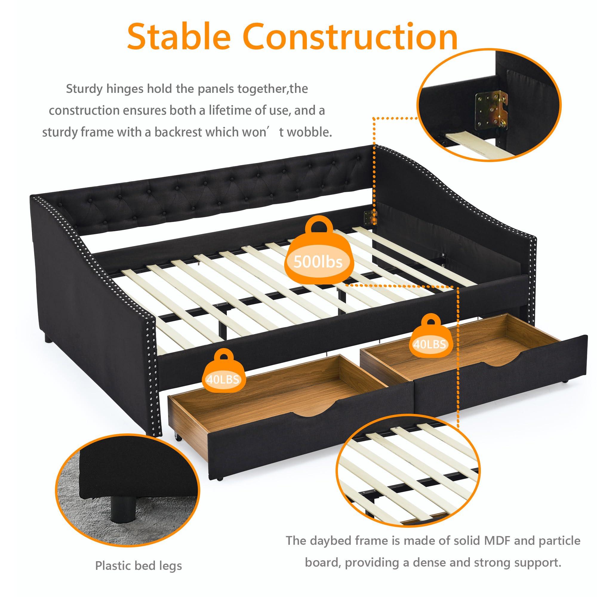 Flieks Flieks Linen Upholstered Full Daybed with Two Storage Drawers, Full Size Button Tufted Sofa Bed Daybed with Nailhead Trim and Wood Slat Support (Black)