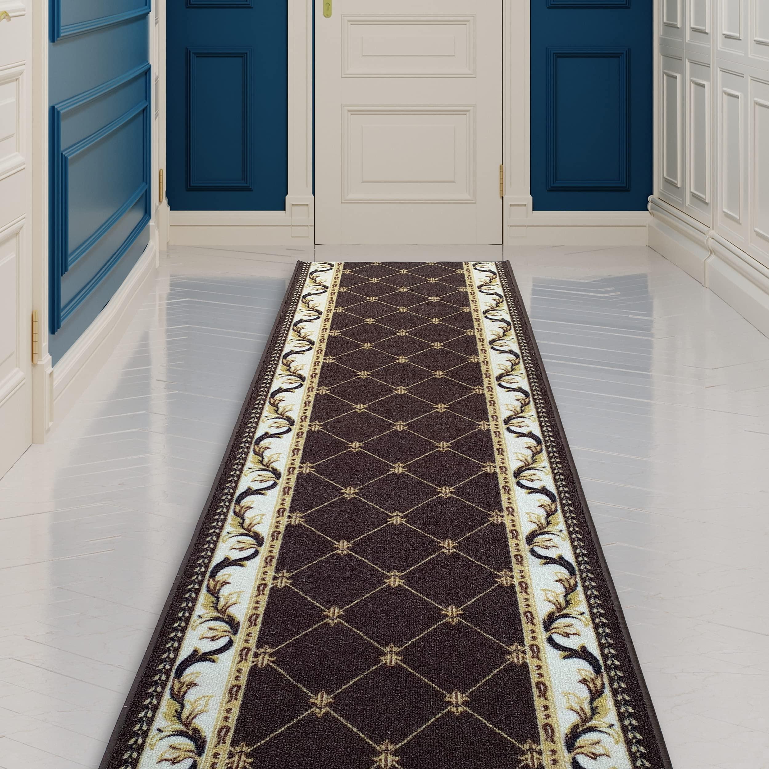 CreativeDeco Custom Made Runner Rug Low Pile With Rubber Backing For Kitchen Foyer Hallway Entry Choose Your Length Size 31 Inch Wide French Scroll Fleur De Lis Design Brown White Color (29 feet x 31 Inch)