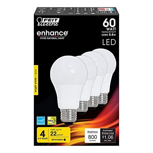 Feit Electric Feit Electric A19 LED Light Bulb, 60W Equivalent, Dimmable, 800 Lumens, E26 Medium Base, 3000K Bright White, CRI 90, 25,000 Hour Lifetime, UL Listed, Damp Rated, 4 Pack, OM60DM/930CA/4