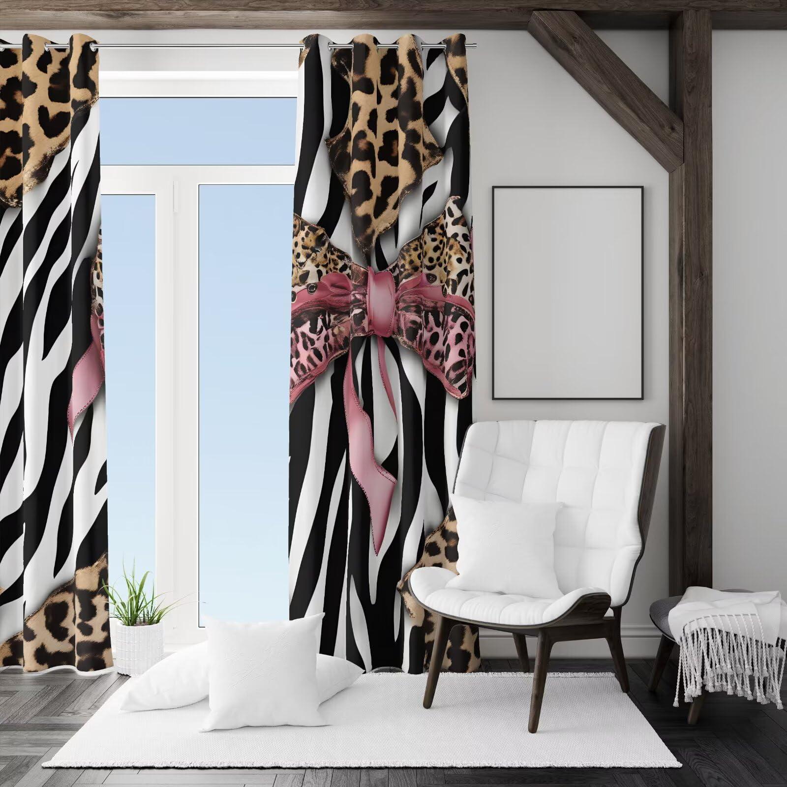 FENGLIE FENGLIE Red Bow Leopard Print Curtains Black and White Textured Blackout Curtains for Bedroom Living Room Grommets Curtains 84" W X 84" L