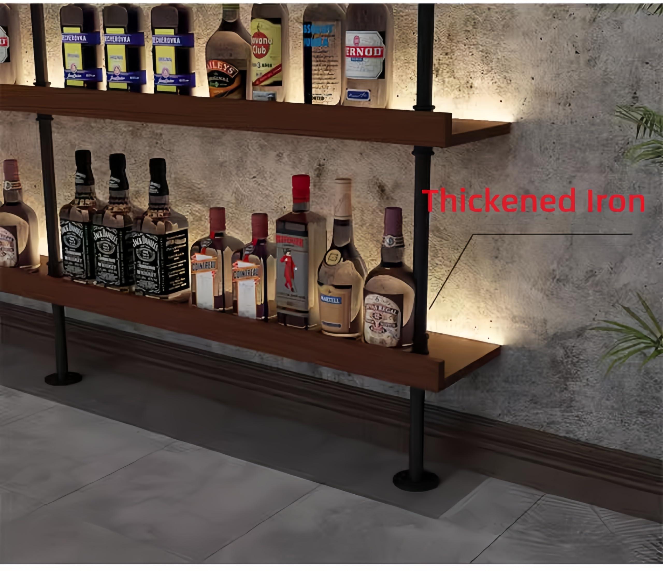 HFTUW HFTUW Industrial Wall Mounted Wine Rack, 5-Tier Rustic Metal Floating Shelves, Large Capacity Wall Bar Shelves for Liquor Bottles for Home Bar & Dining Room, Walnut(Without Lights, 120cm/47in)