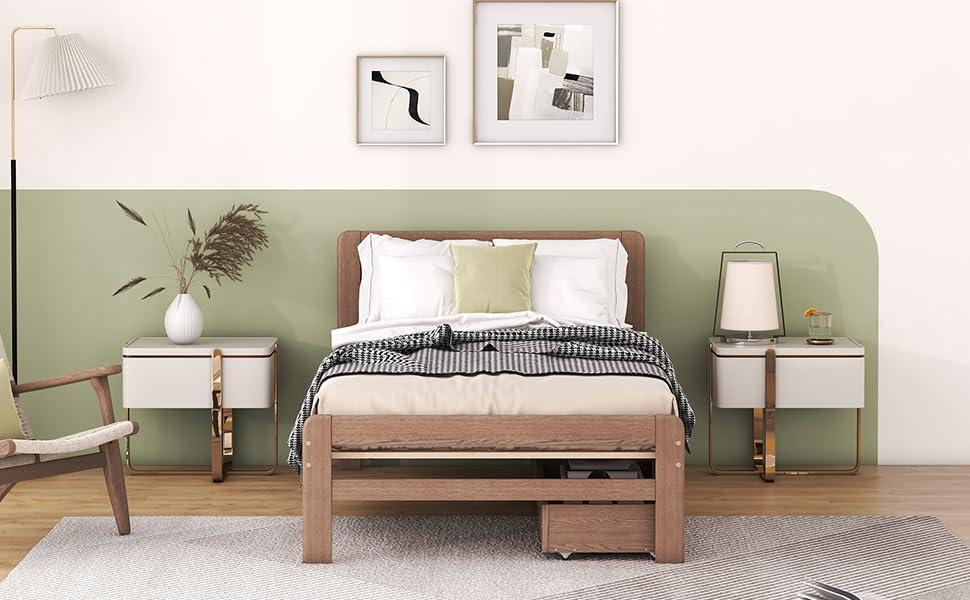 HomeLoft Basics Modern Design Twin Size Platform Bed Frame with 2 Drawers for Walnut Color