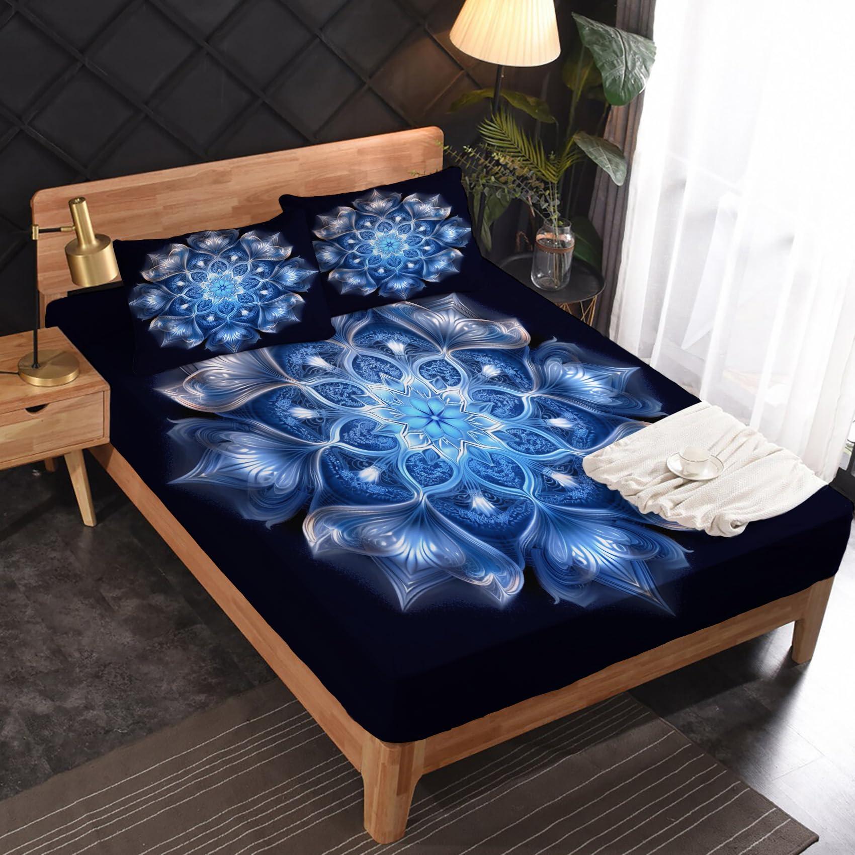 zcsm Mandala Sheets California King Sheet Sets - Black and Blue Bed Sheets, Soft Microfiber & Deep Pocket & Wrinkle Free Patterned Bedding Sheets & Pillowcases, 1 Fitted Sheet, 1 Flat Sheet, 2 Pillow Cases