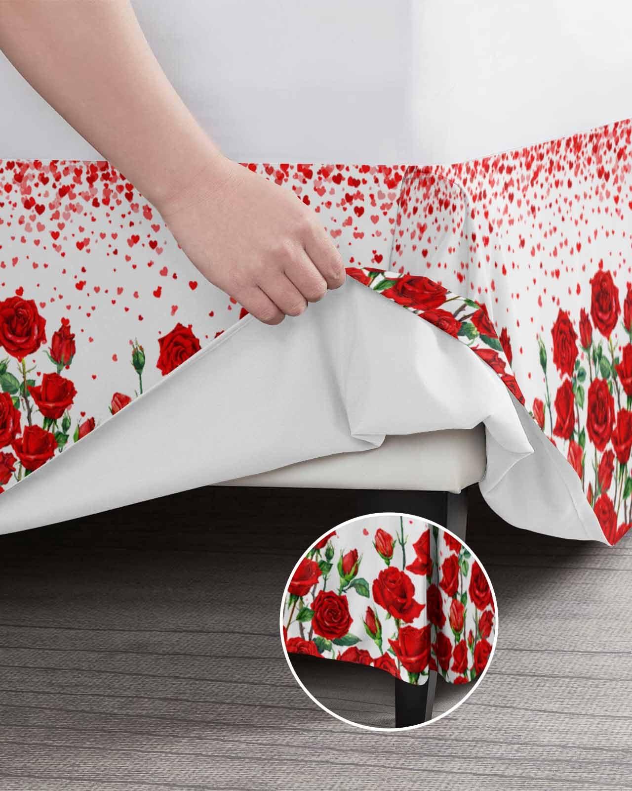 Falaniique Red Rose California King Bed Skirt Pleated Bedding Skirt with Spilt Corners 18\" Tailored Drop Dust Ruffle Easy Fit Breathable Premium Valentine\'s Day Red Flower Spring Plant