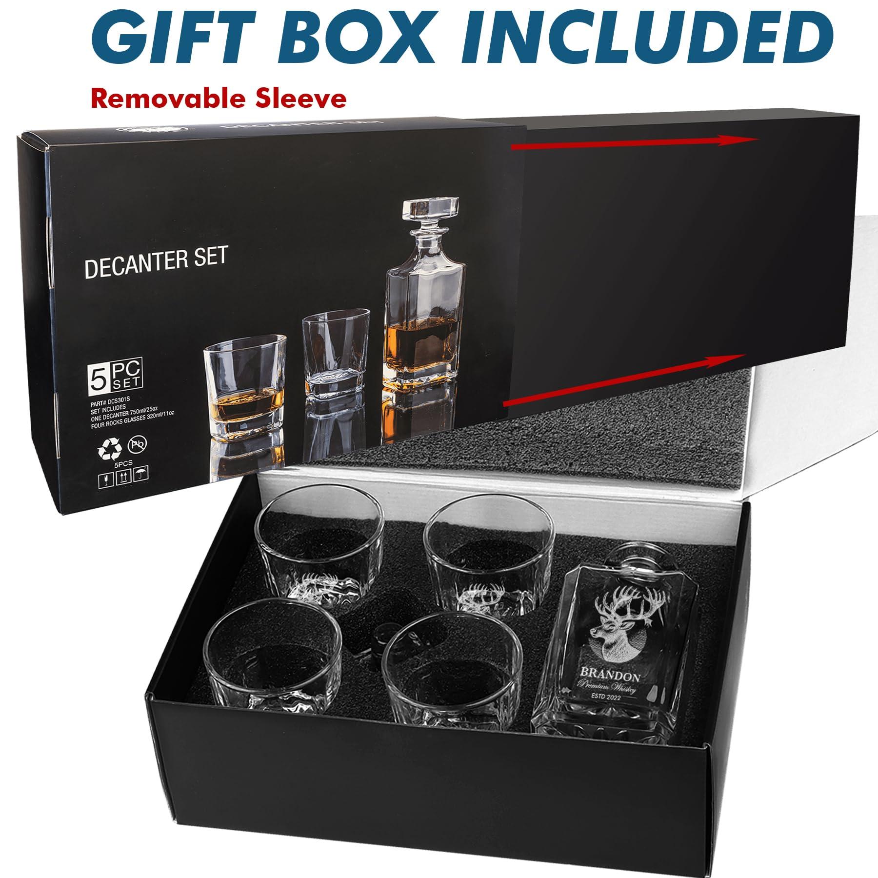 EZ CUSTOM GIFT Personalized Whiskey Decanter Set - Custom Liquor Decanter and 4 Glasses Gift Set - Engraved Whiskey Decanter Sets for Men, Anniversary Wedding Birthday Gifts for Father Husband (Design 7)