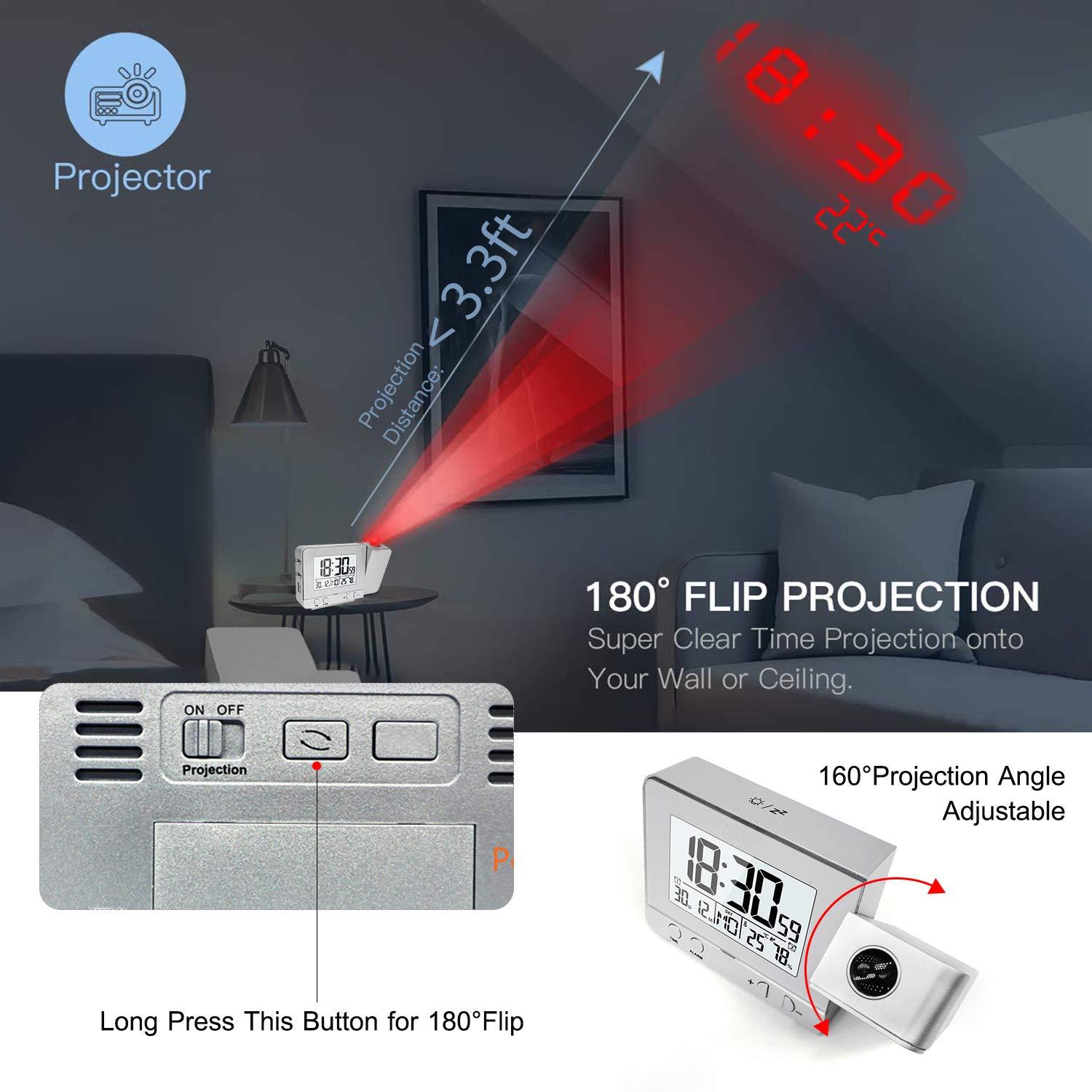 IUPPA IUPPA Projection Alarm Clock for Bedroom with Hygrometer Digital Project Ceiling Clock Dimmable LED Display with USB 180Rotable with Dual Alarms 12/24H Snooze