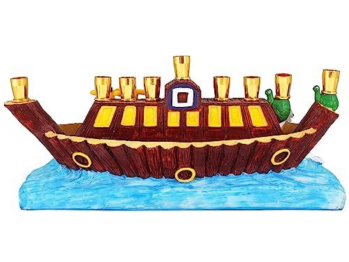 Aviv Judaica Aviv Judaica Sculptured Noah\'s Ark Menorah Biblical Themed Minorah Noachs Ark with Animals Children\'s Menorah Beautifully Painted Resin Hanukkiah Collectible Kids Chanukah Candle Holder Menurah