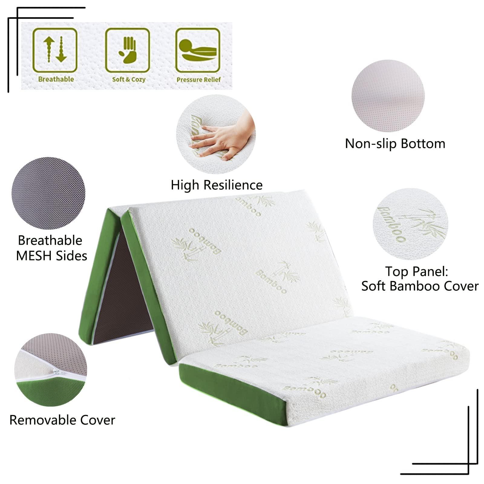 RXRRXY RXRRXY Tri-Folding Mattress, Mattress Topper with Memory Foam, Breathable Mesh Sides, Non-slip Bottom & Soft Washable Bamboo Cover, 4 Inch Mattress for Camping, Play Mat, Guest Beds, Dorm Room (Queen)