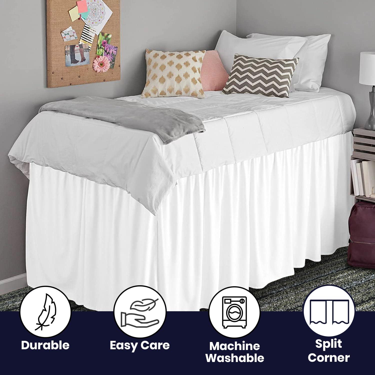 SGI bedding SGI bedding Dorm Bed Skirt Full XL 40 Inch Drop Length - White, Ruffled Pattern College Dorm Room Bed Skirts - Split Corner, Easy Care, Wrinkle Free 1800 Series Microfiber Bed Skirt