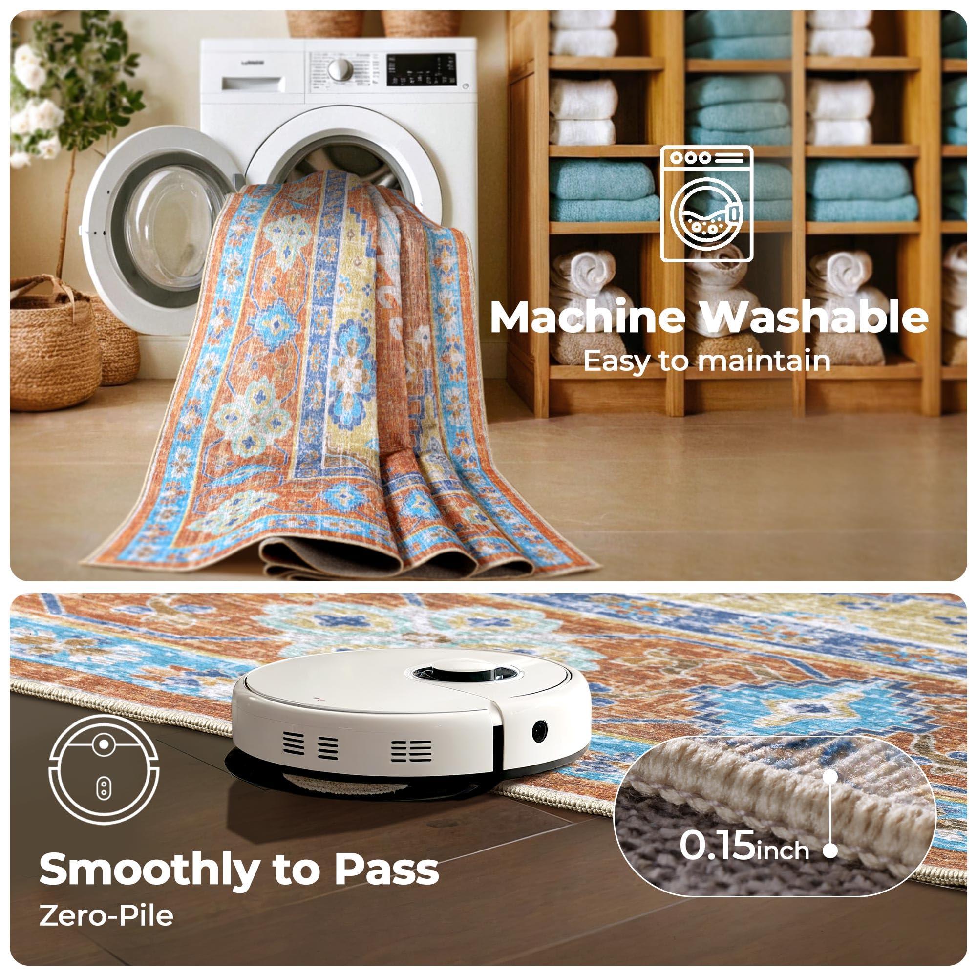 Kokia Kokia Area Rugs Living Room 9x12 Ultra-Thin No Pile Washable Maple Red Large Area Rug Bedroom Geometric Tribal Distressed Lightweight Carpet for Dining Room Home Office