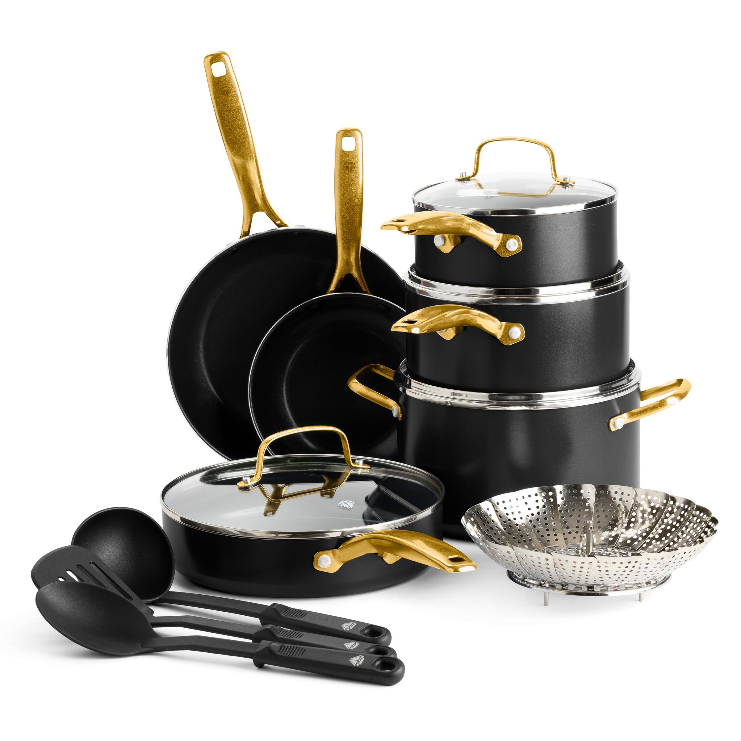 Blue Diamond Blue Diamond Gold 14 Piece Cookware Pots and Pans Set, Induction Suitable, Diamond Infused PFOA & PFAS-Free Ceramic Nonstick, Durable Metal Utensil Safe, Dishwasher Safe, Gold Handle, Black