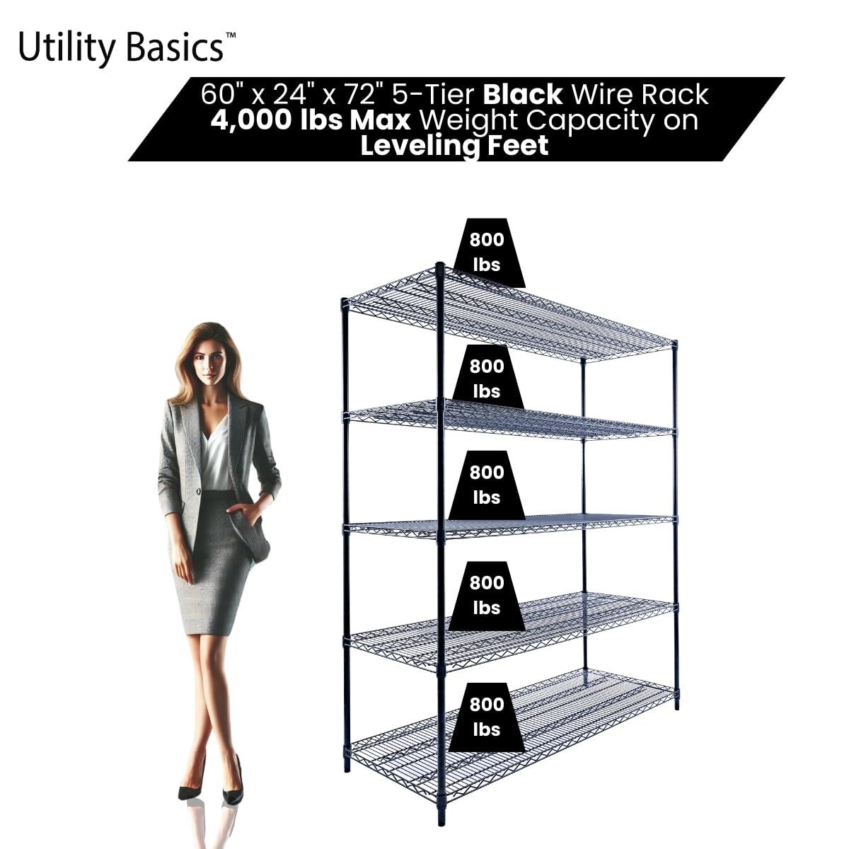 Utility Basics Utility Basics 60"x24"x72" Black 5-Tier Premium Metal Wire Shelving NSF 4000 LBS MAX Capacity Heavy Duty Steel Storage Rack for Warehouse, Garage, Hospital, Commercial Space & School w/Premium Wheels