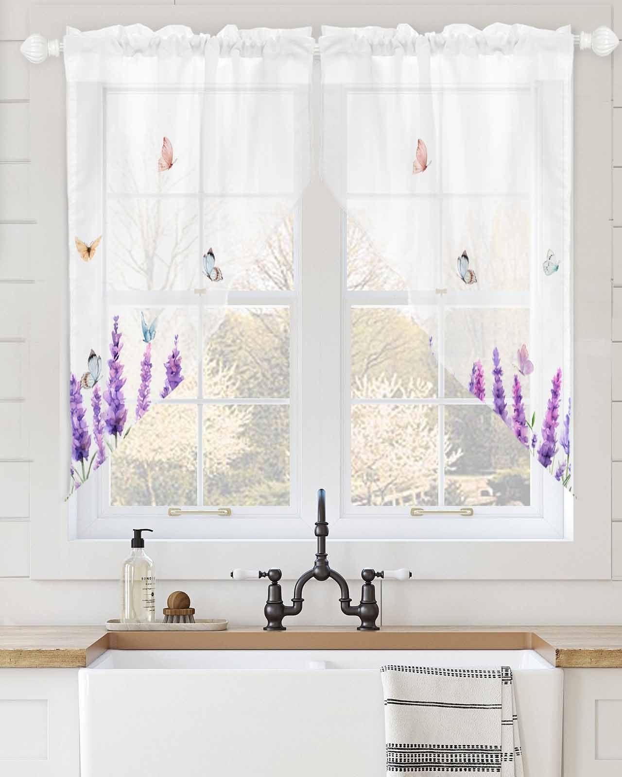 Falaniique Watercolor Lavender Swag Curtain Drapes 63 Inches Long 2 Panels Set,Long Semi-Sheer Curtain Drapes Rod Pocket Valance Drapery for Kitchen,Bathroom Window Purple Floral Spring Summer White 72" Wx63 L