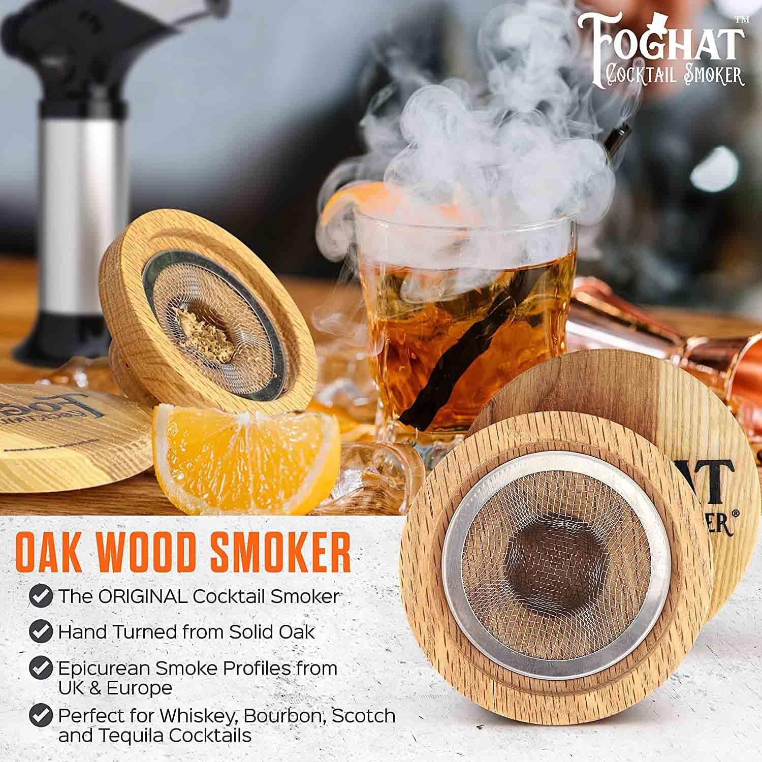 FOGHAT COCKTAIL SMOKER The Foghat Cocktail Smoker and Manhattan Smoked Cocktail Kit with Torch and Butane Refill 60ml - Bourbon Barrel Oak Wood Chips and 5 Singlez Bar Manhattan Mixer Packets - Whiskey Smoker Kit For Drinks