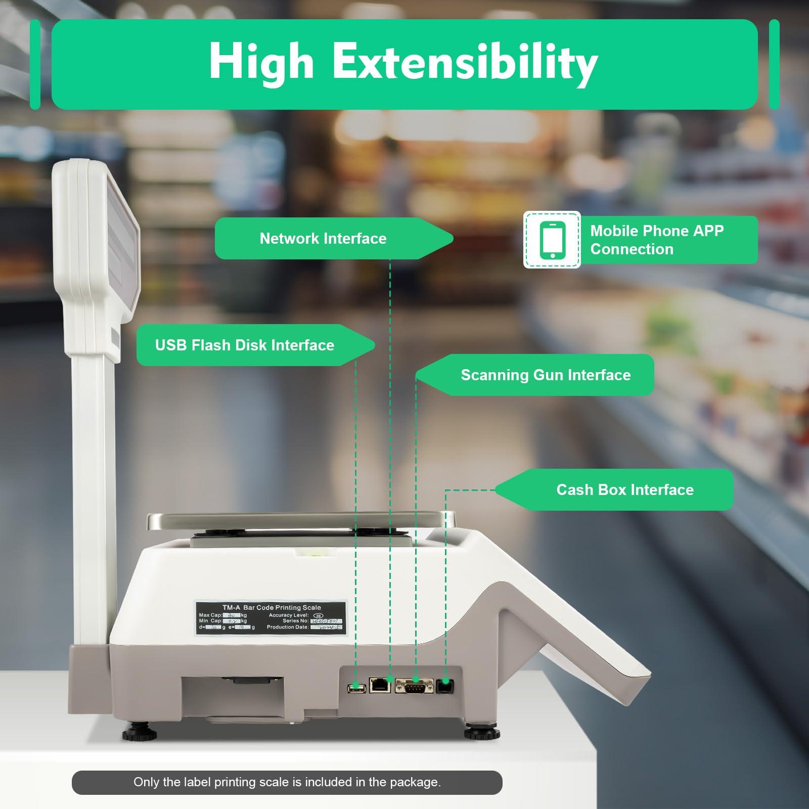 AOOCHU Commercial Digital Price Computing Scale Balance Scale W/Remote Control with Label Printer Double-Sided Display Anti-Slip Foot Pads for Supermarkets Fruit Stores Snack Stores (White)