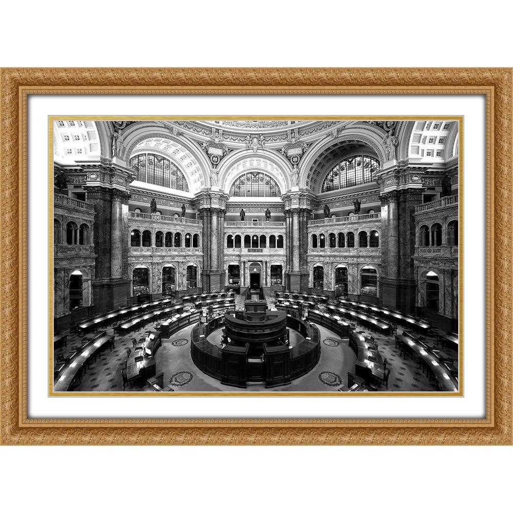ArtDirect ArtDirect Main Reading Room. View from above showing researcher desks. Library of Congress Thomas Jefferson Bu II 24x17 Gold Ornate Wood Framed Double Matting Museum Art Print by Highmith, Carol